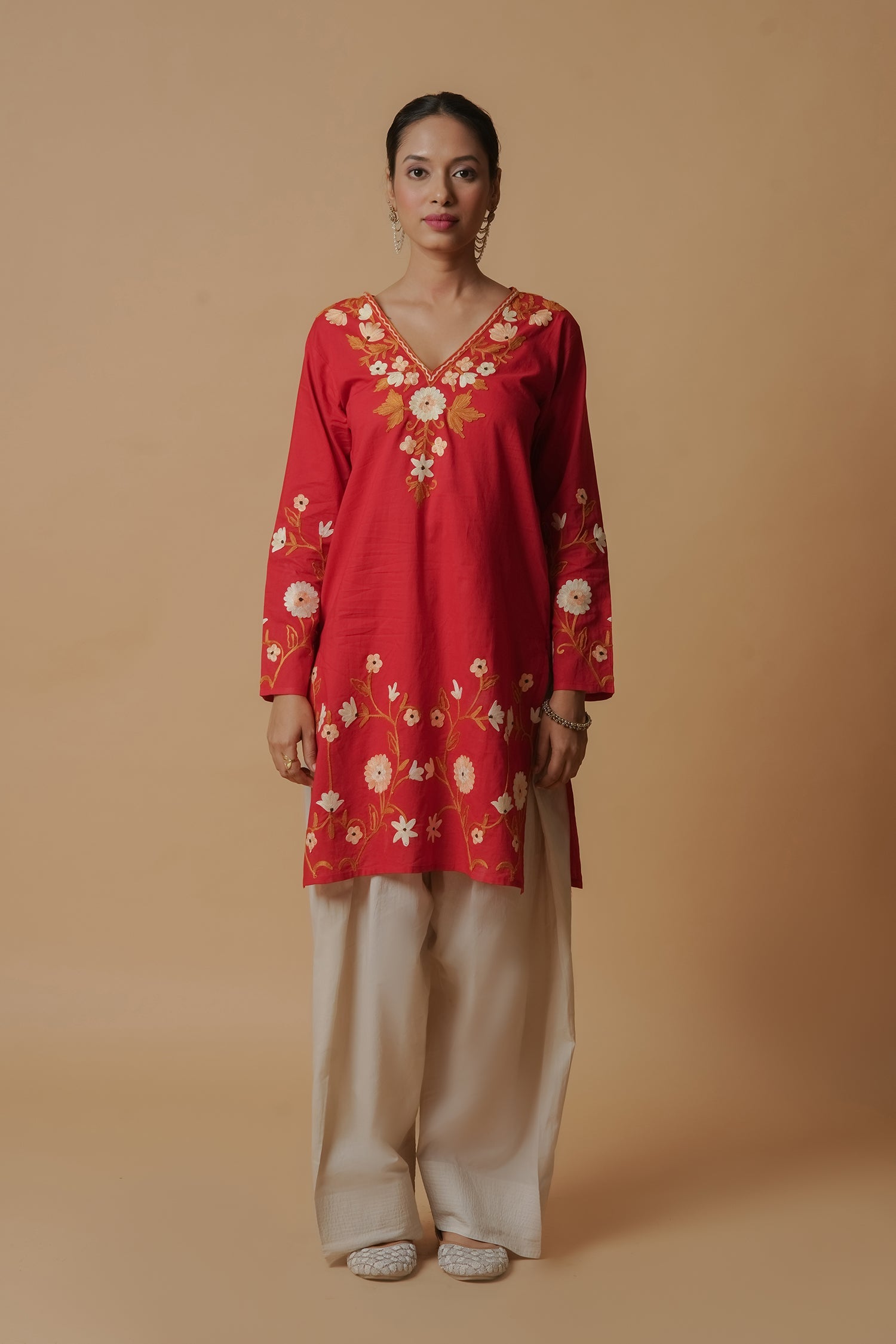 Kashmiri Aari Work Cotton Short Kurta – Red