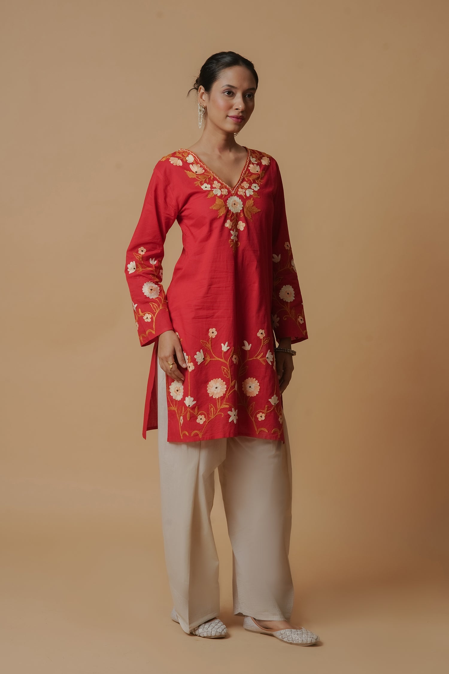 Kashmiri Aari Work Cotton Short Kurta – Red