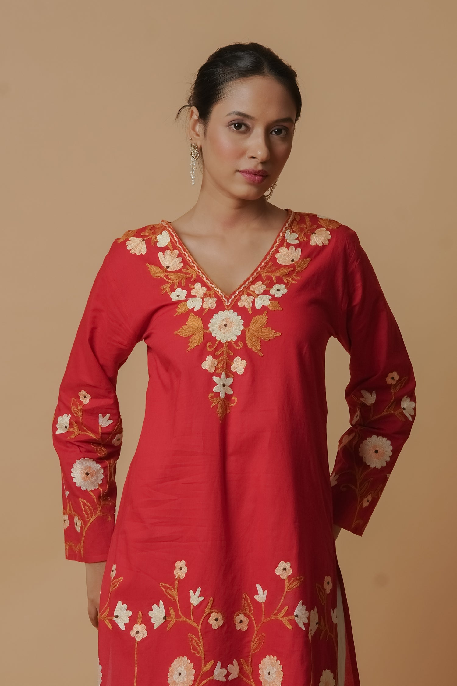 Kashmiri Aari Work Cotton Short Kurta – Red