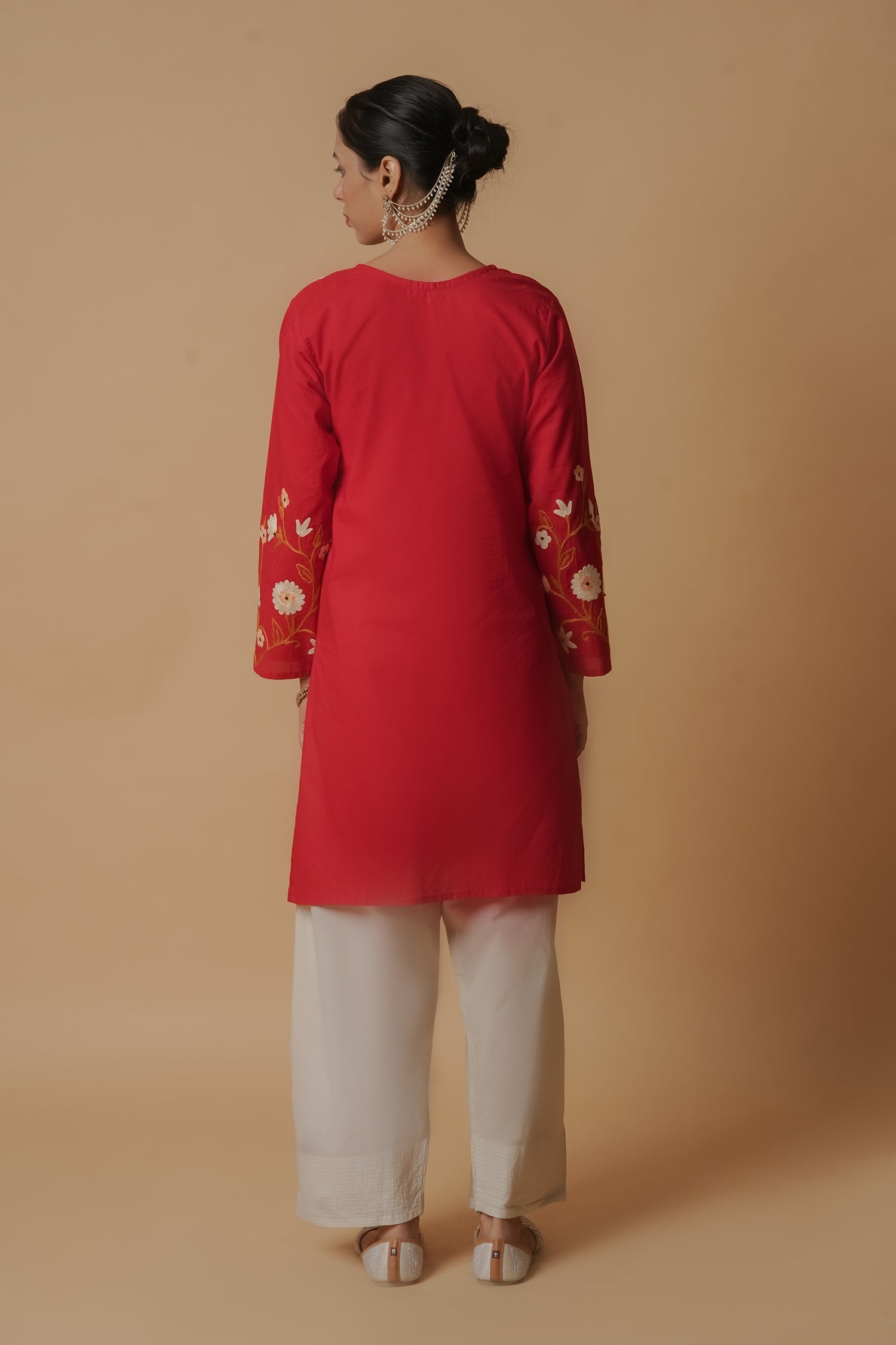 Kashmiri Aari Work Cotton Short Kurta – Red