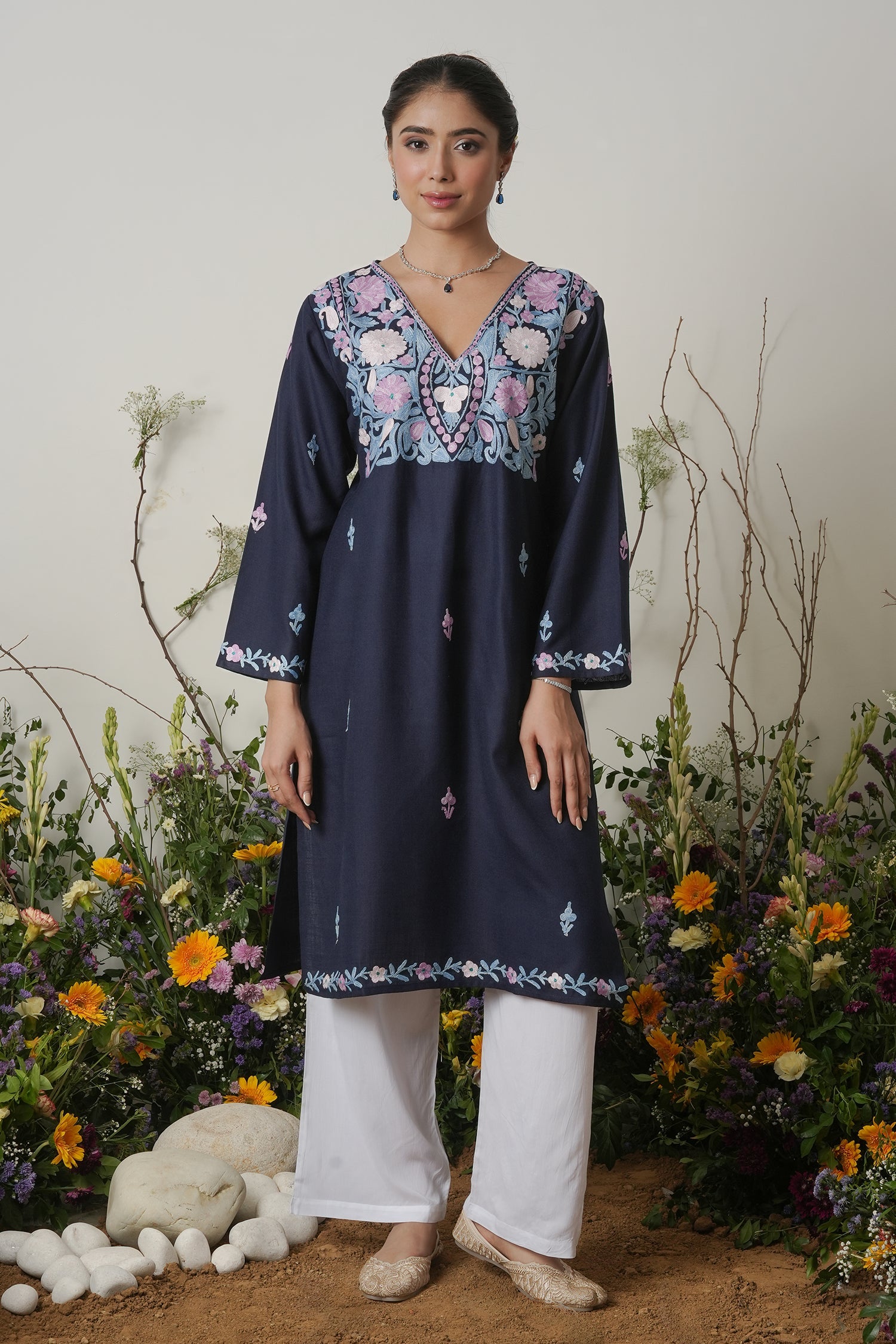 Kashmiri Aari Work Long Kurta - Blue