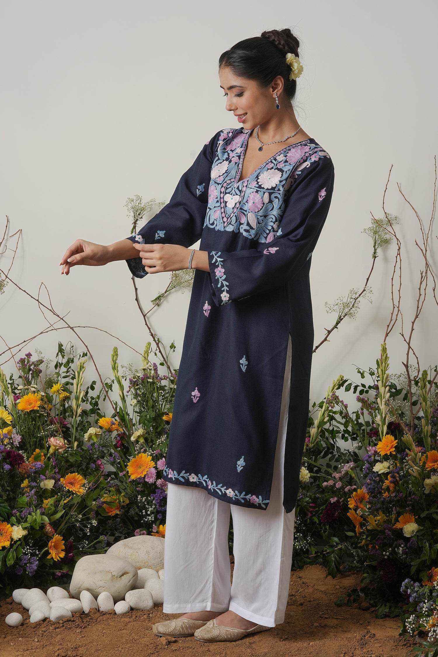 Kashmiri Aari Work Long Kurta - Blue