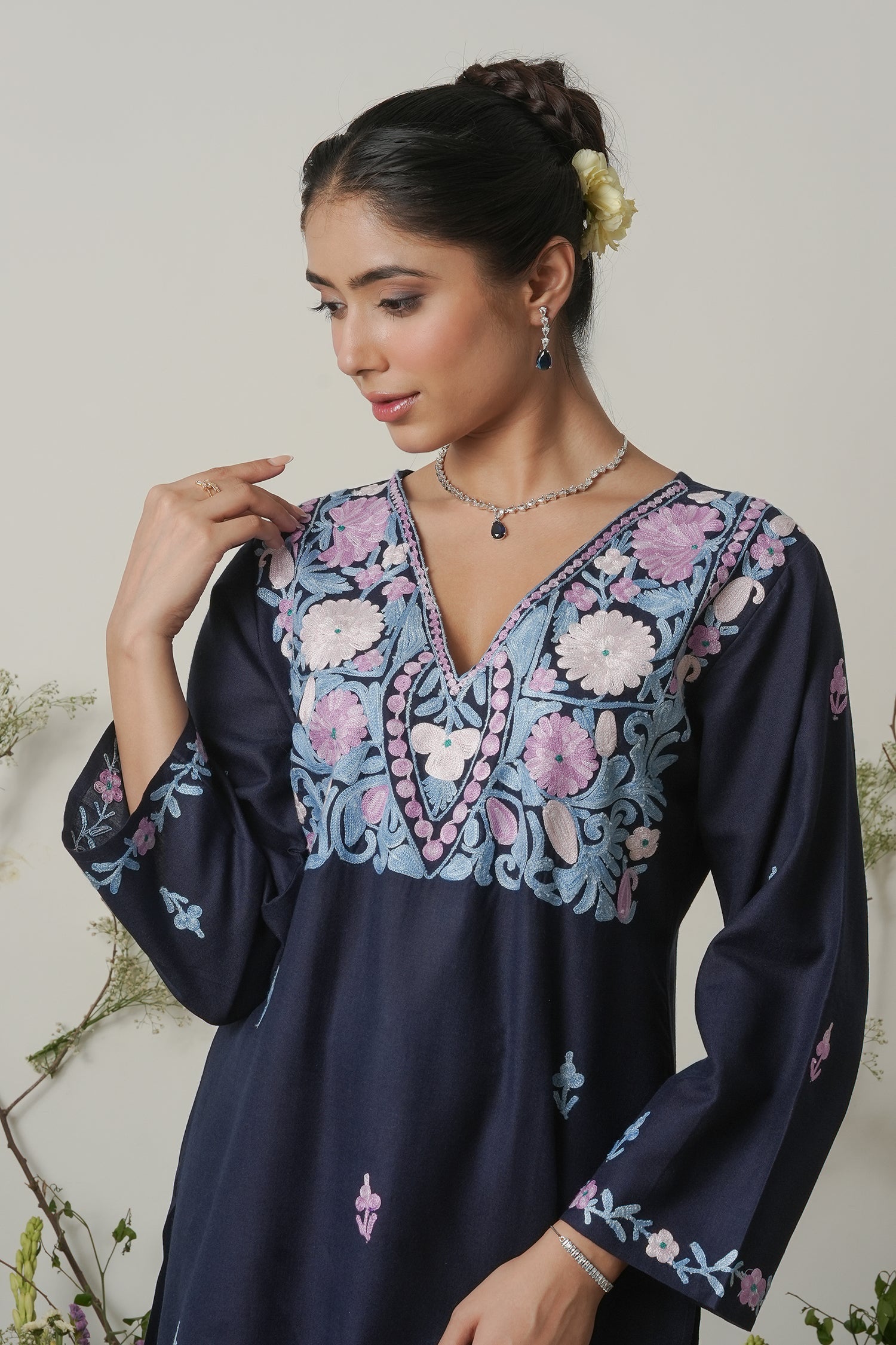 Kashmiri Aari Work Long Kurta - Blue