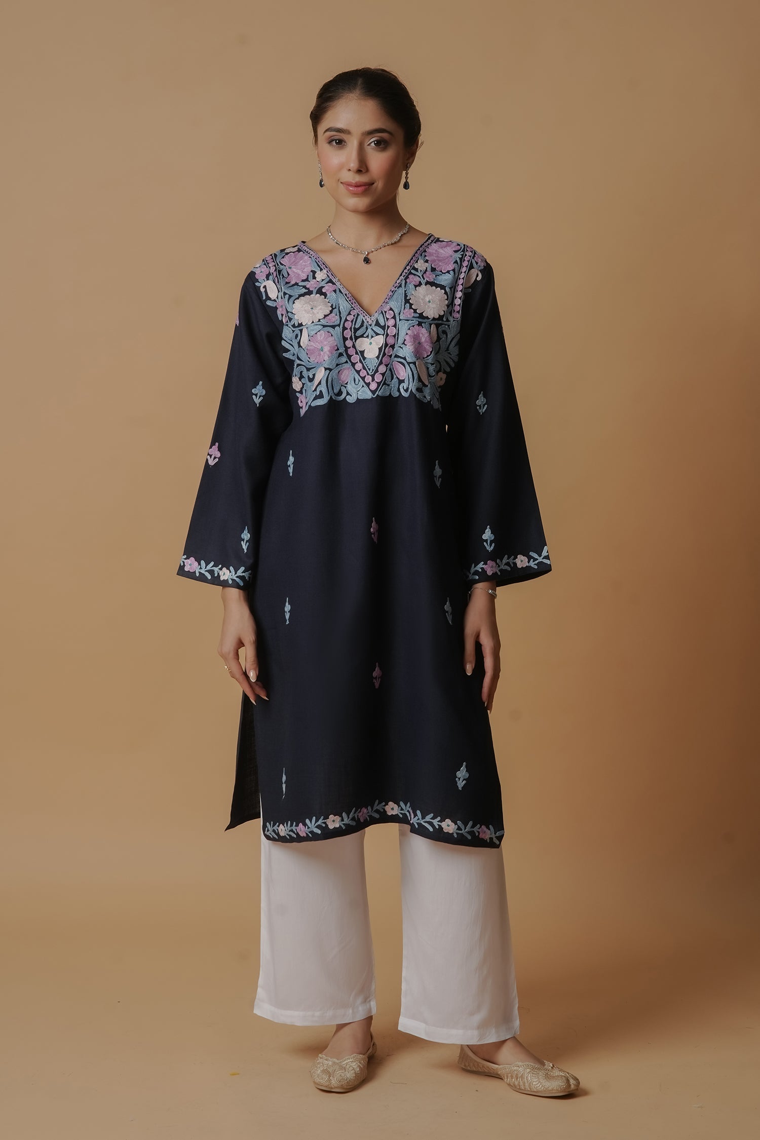 Kashmiri Aari Work Long Kurta - Blue