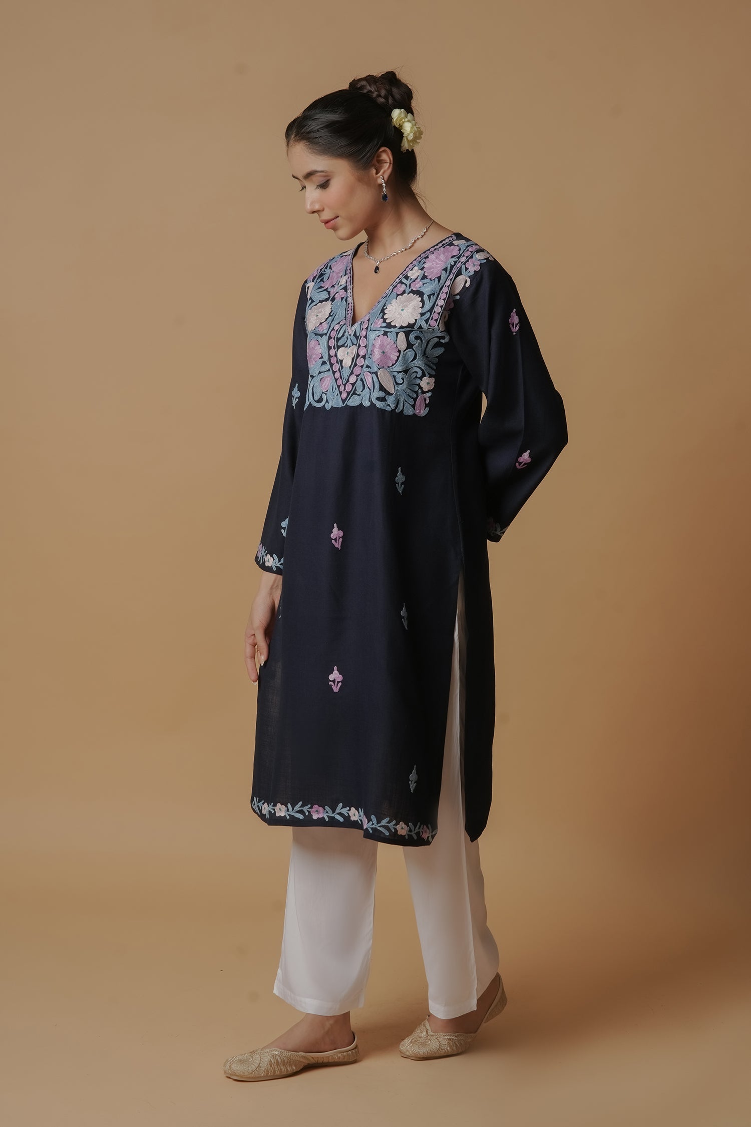 Kashmiri Aari Work Long Kurta - Blue