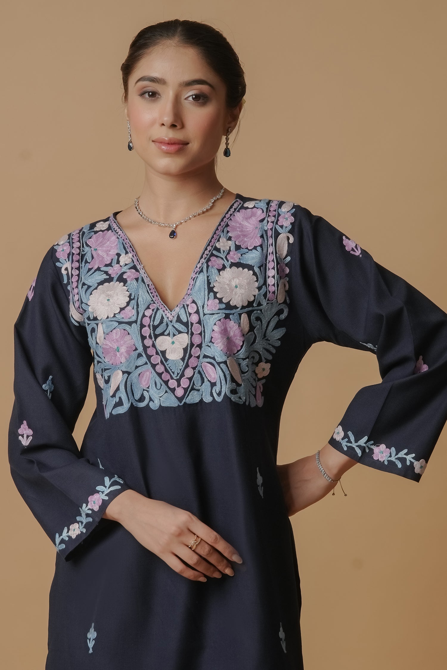 Kashmiri Aari Work Long Kurta - Blue