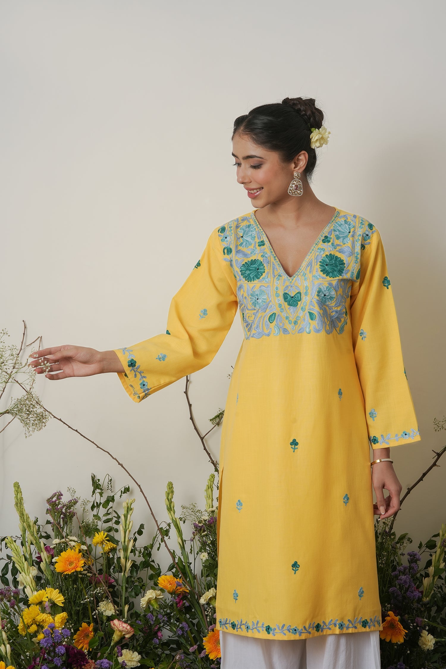 Kashmiri Aari Work Long Kurta – Yellow