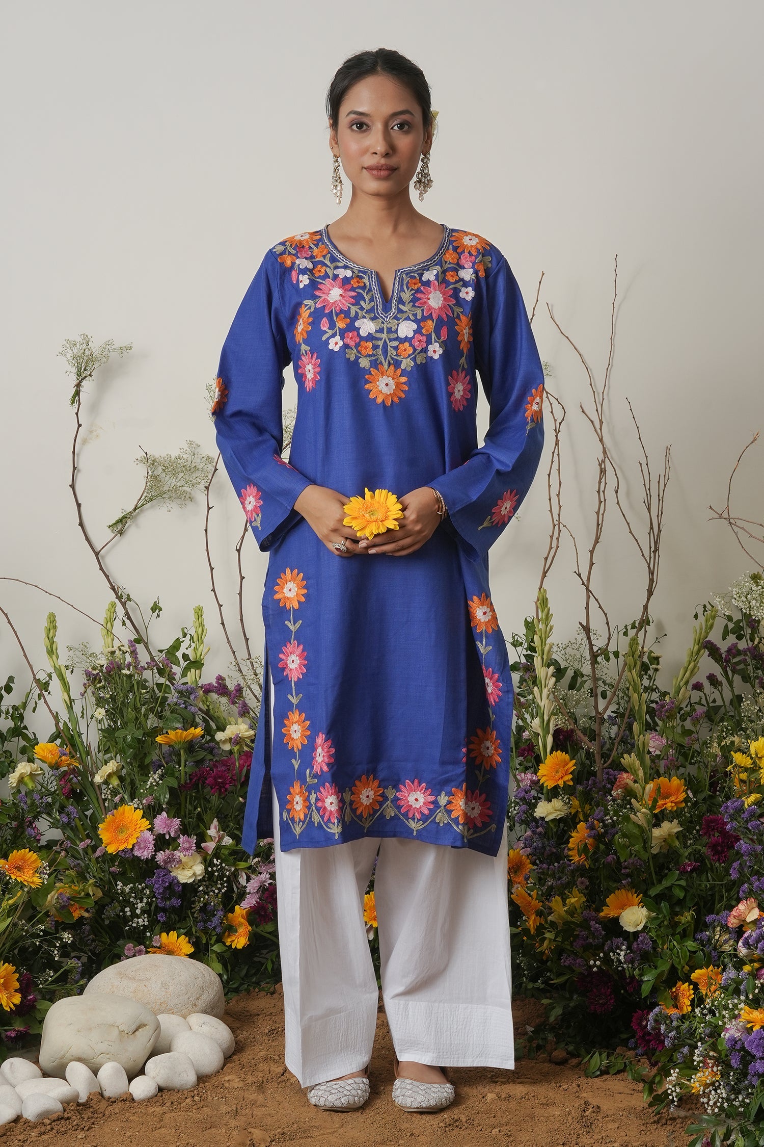 Kashmiri Aari Work Long Kurta – Blue