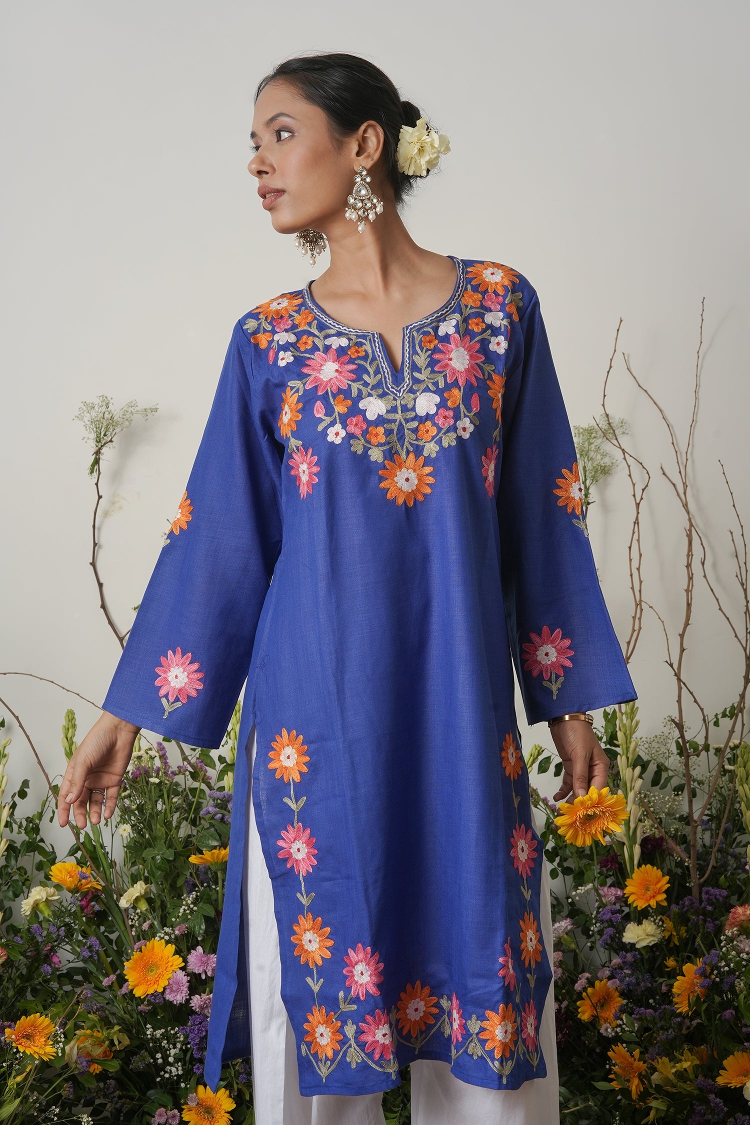 Kashmiri Aari Work Long Kurta – Blue
