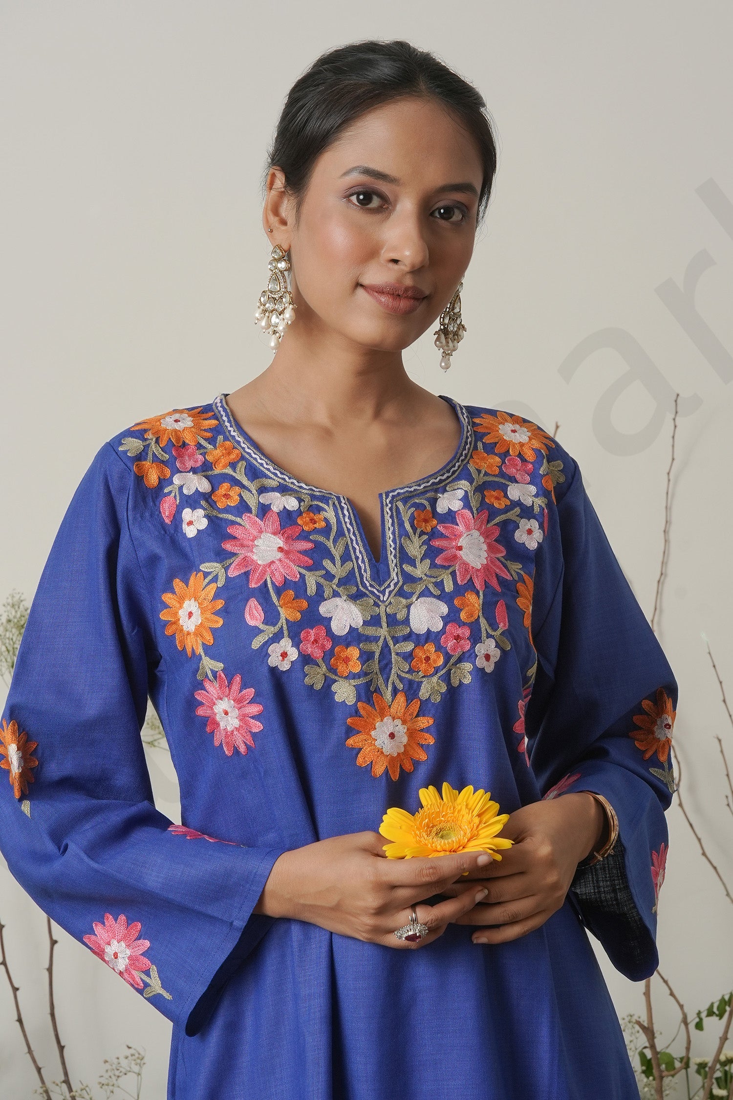 Kashmiri Aari Work Long Kurta – Blue