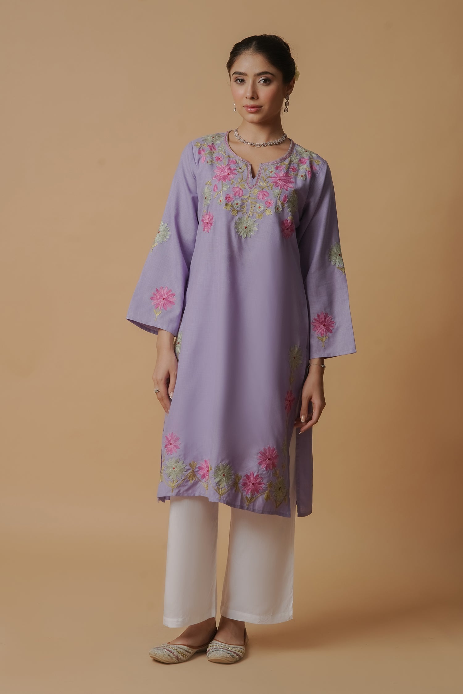 Kashmiri Aari Work Long Kurta – Lavender