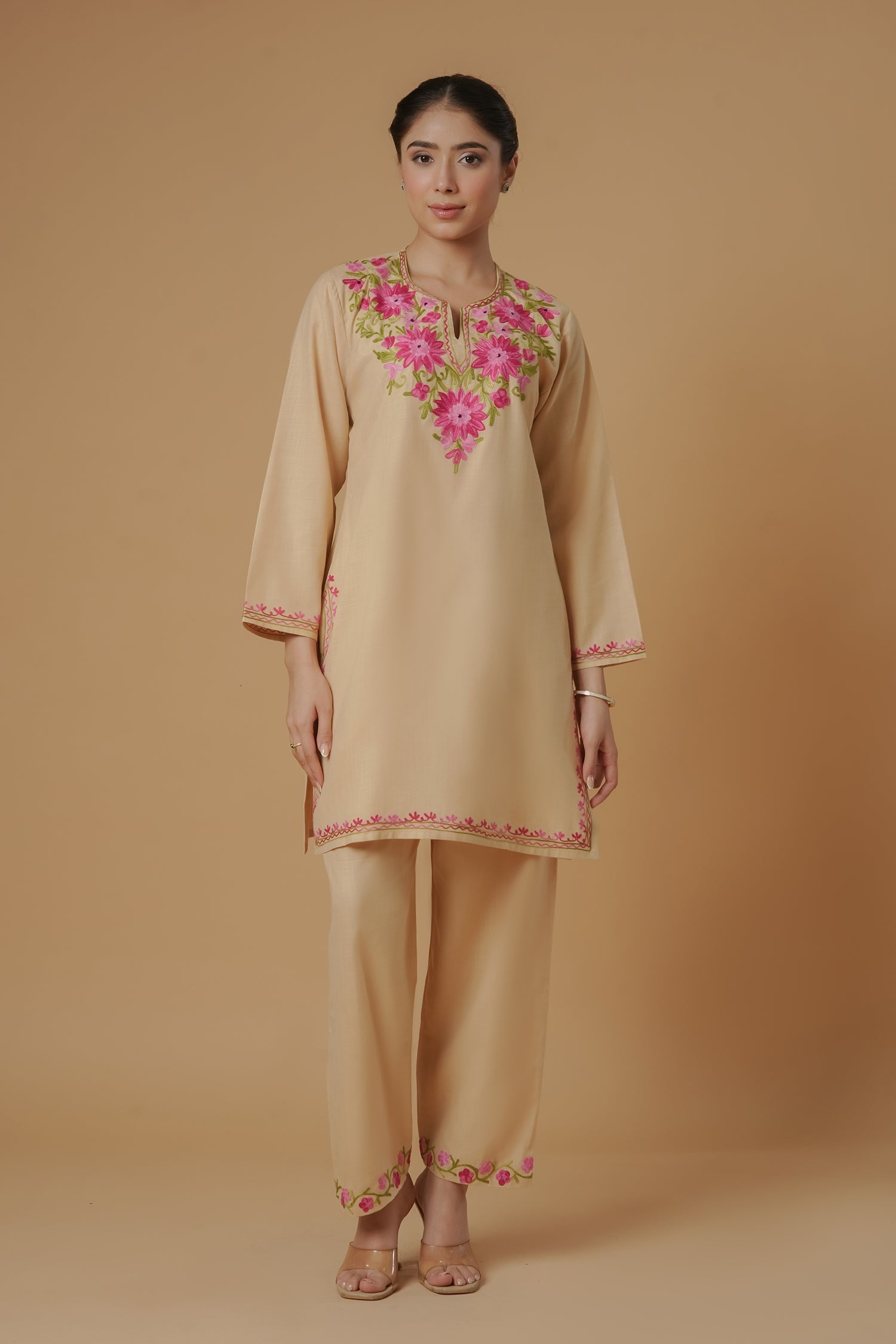 Pooja in Kashmiri Aari Work Cotton Kurta Set - Beige