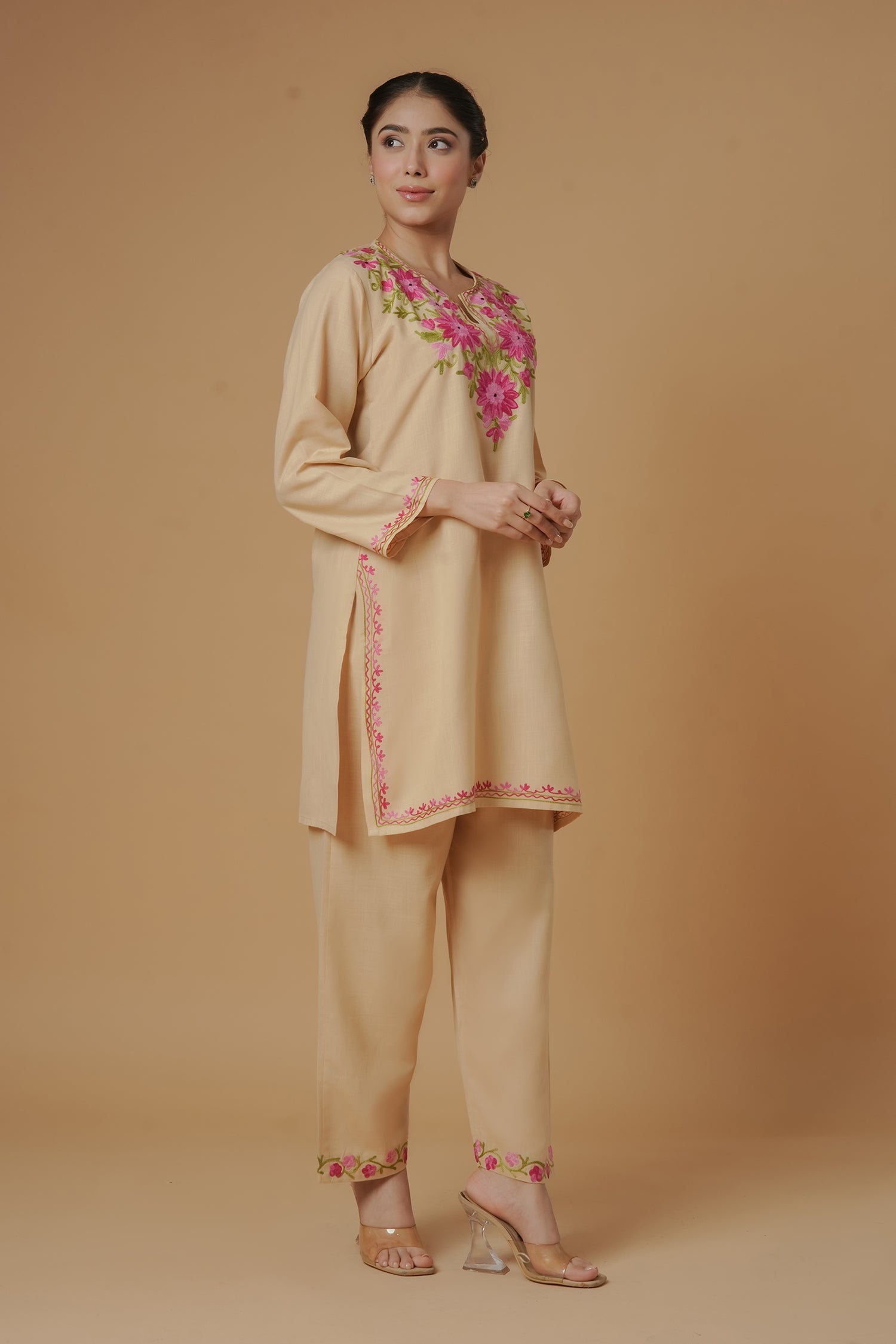 Pooja in Kashmiri Aari Work Cotton Kurta Set - Beige