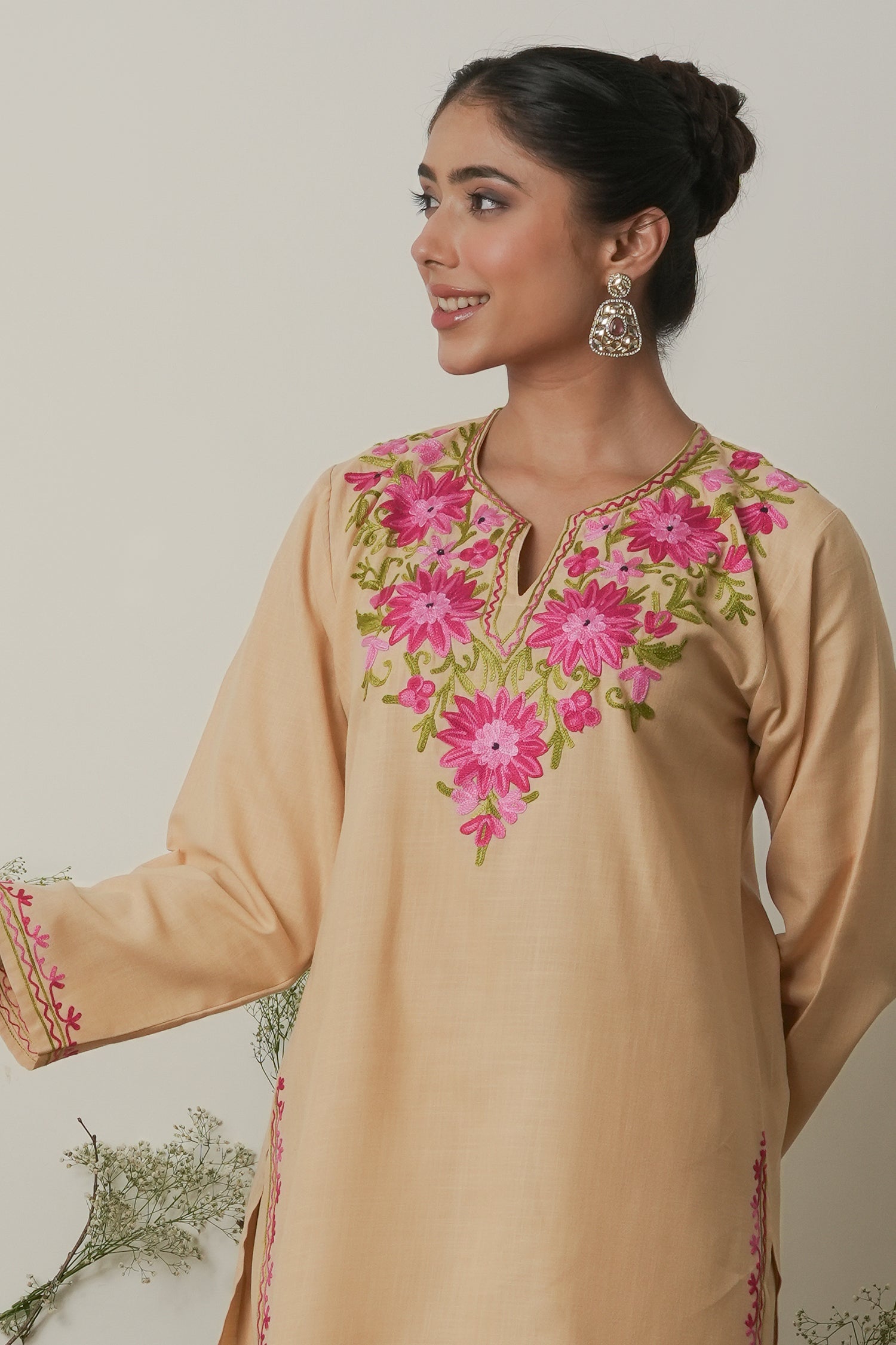 Kashmiri Aari Work Cotton Kurta Set - Beige