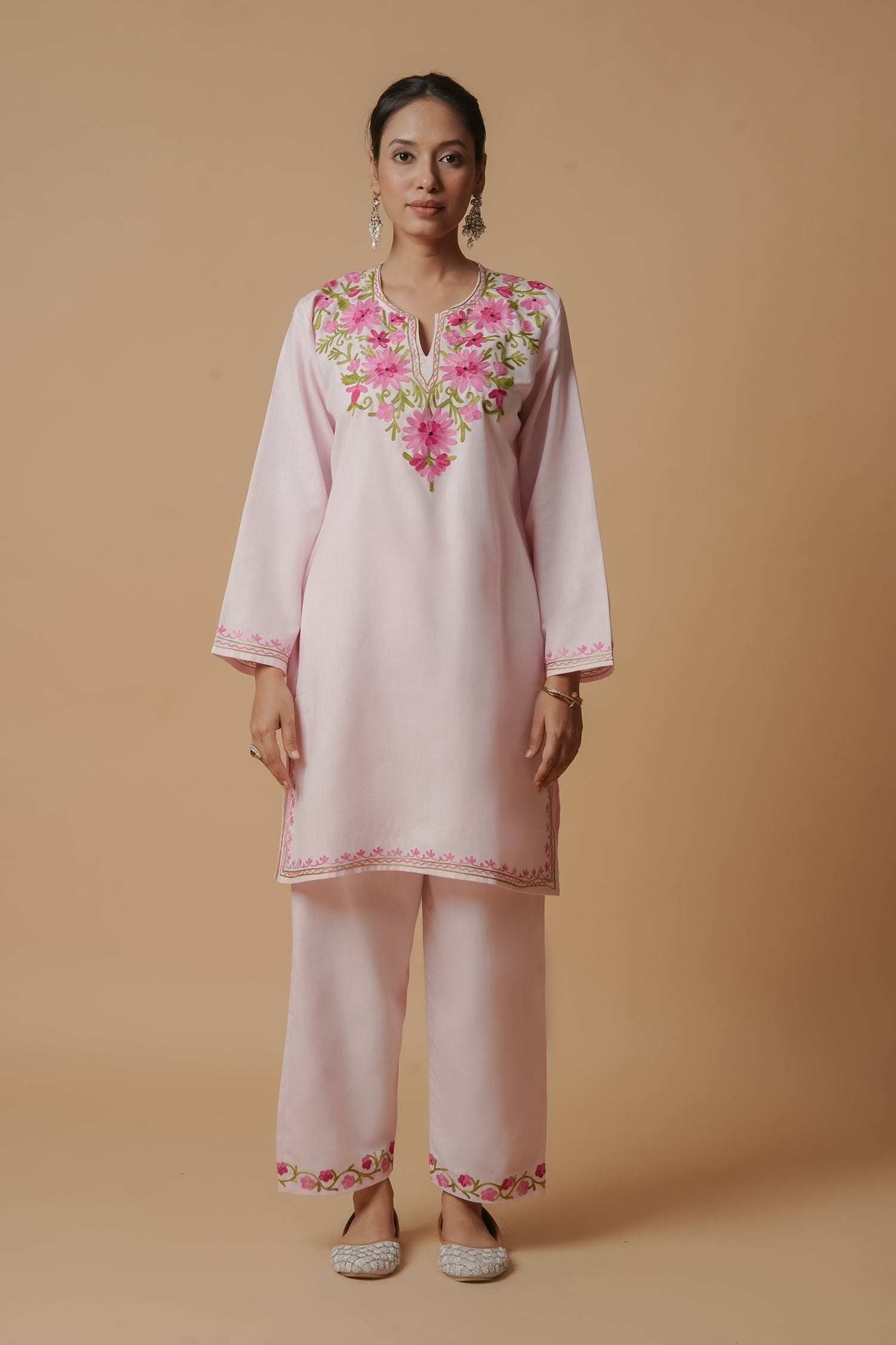 Kashmiri Aari Work Cotton Kurta Set - Baby Pink