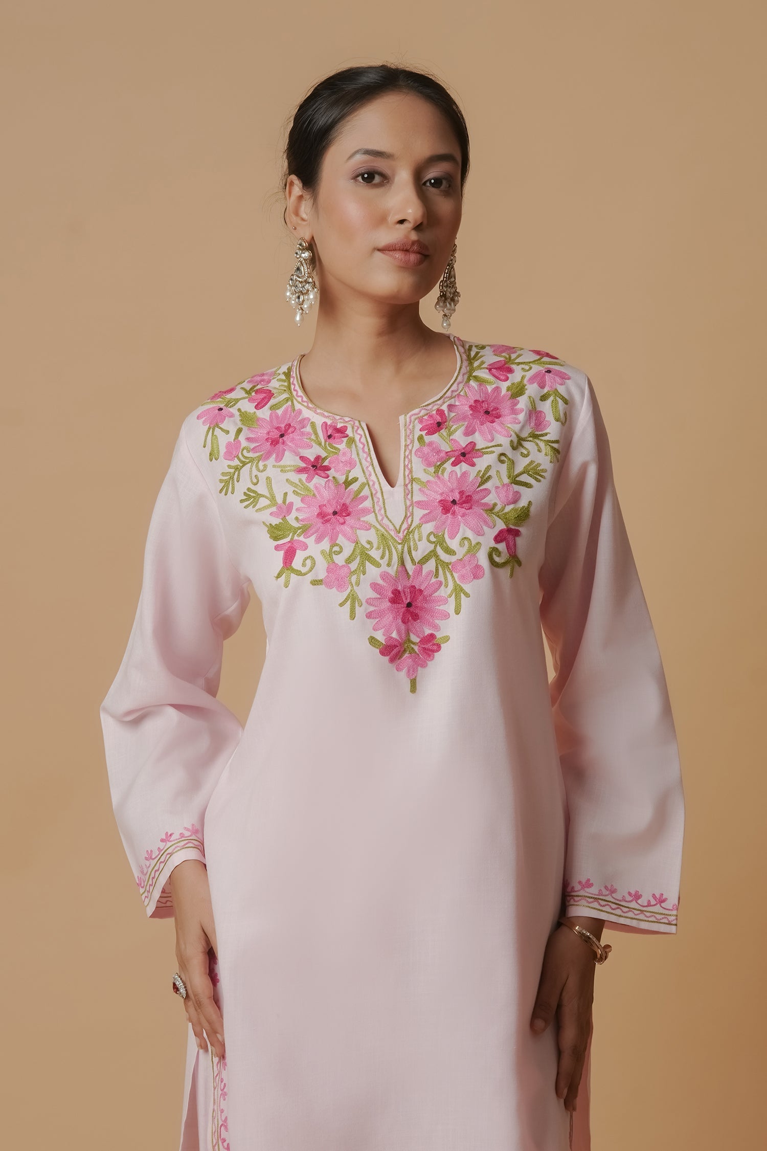 Kashmiri Aari Work Cotton Kurta Set - Baby Pink