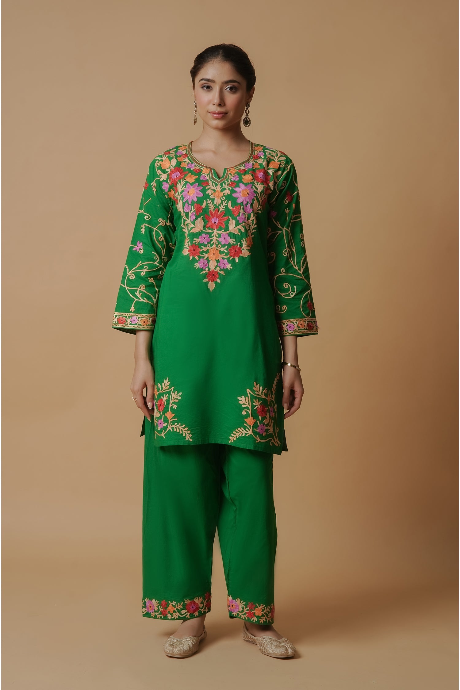 Kashmiri Aari Work Cotton Kurta with Farsi Pant - Green