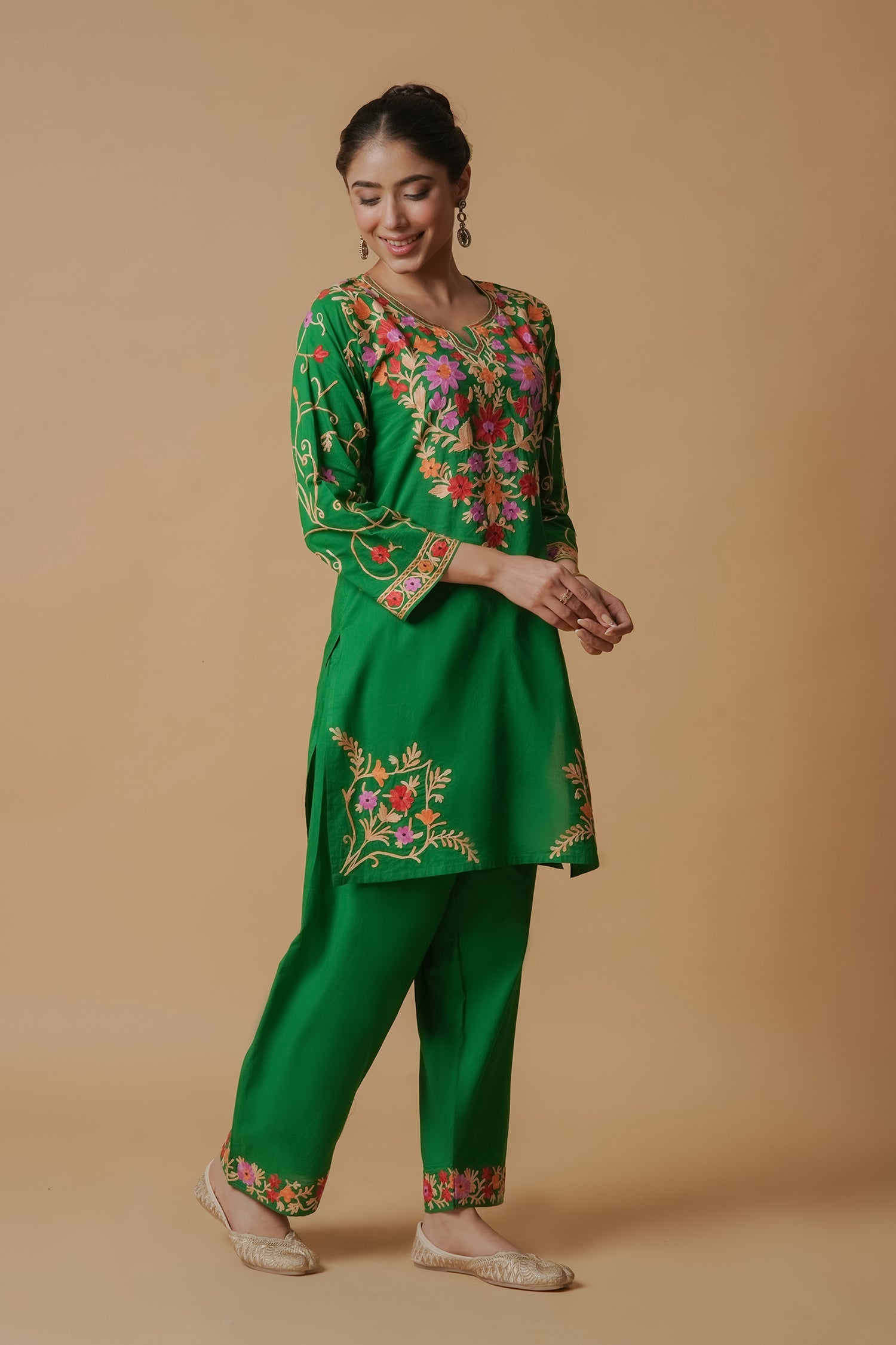 Kashmiri Aari Work Cotton Kurta with Farsi Pant - Green