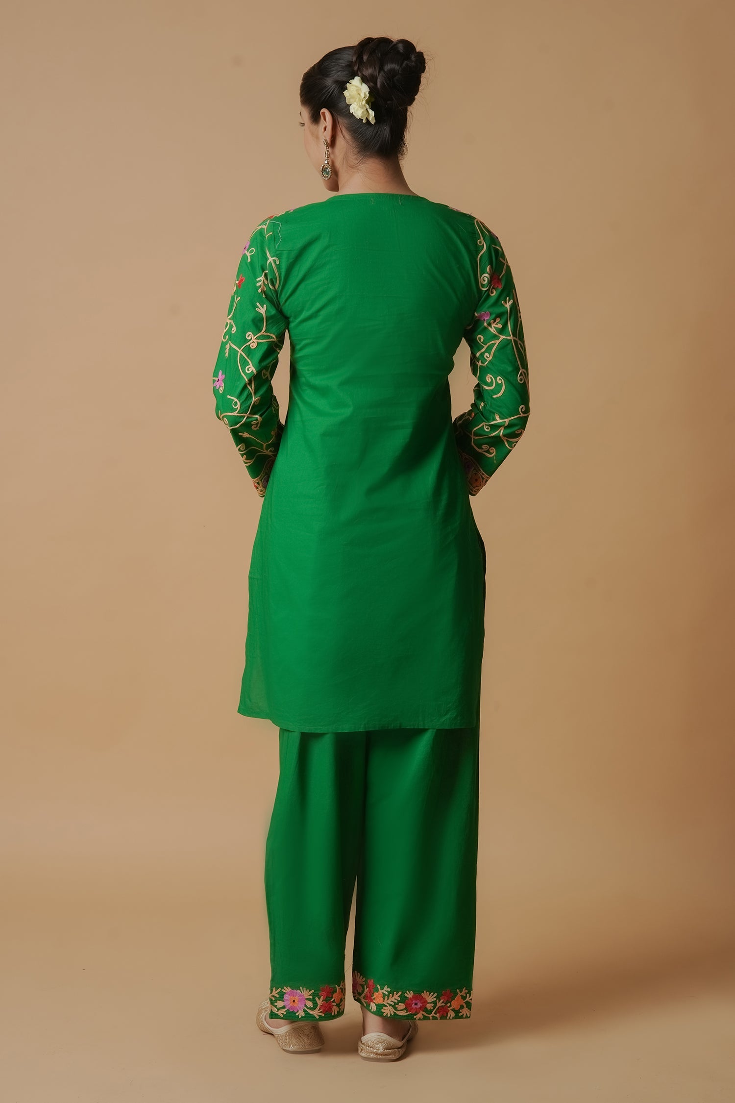 Kashmiri Aari Work Cotton Kurta with Farsi Pant - Green