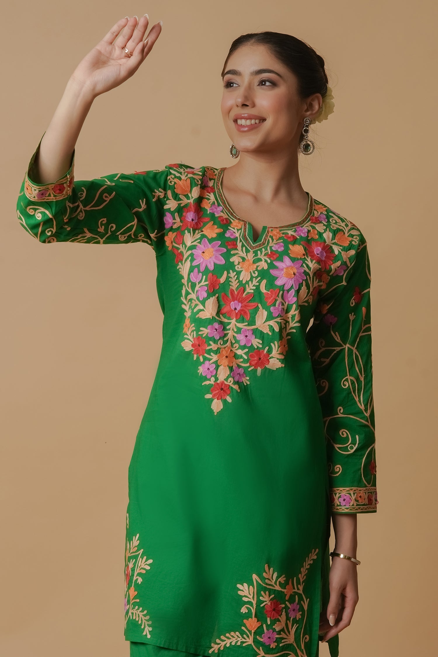 Kashmiri Aari Work Cotton Kurta with Farsi Pant - Green
