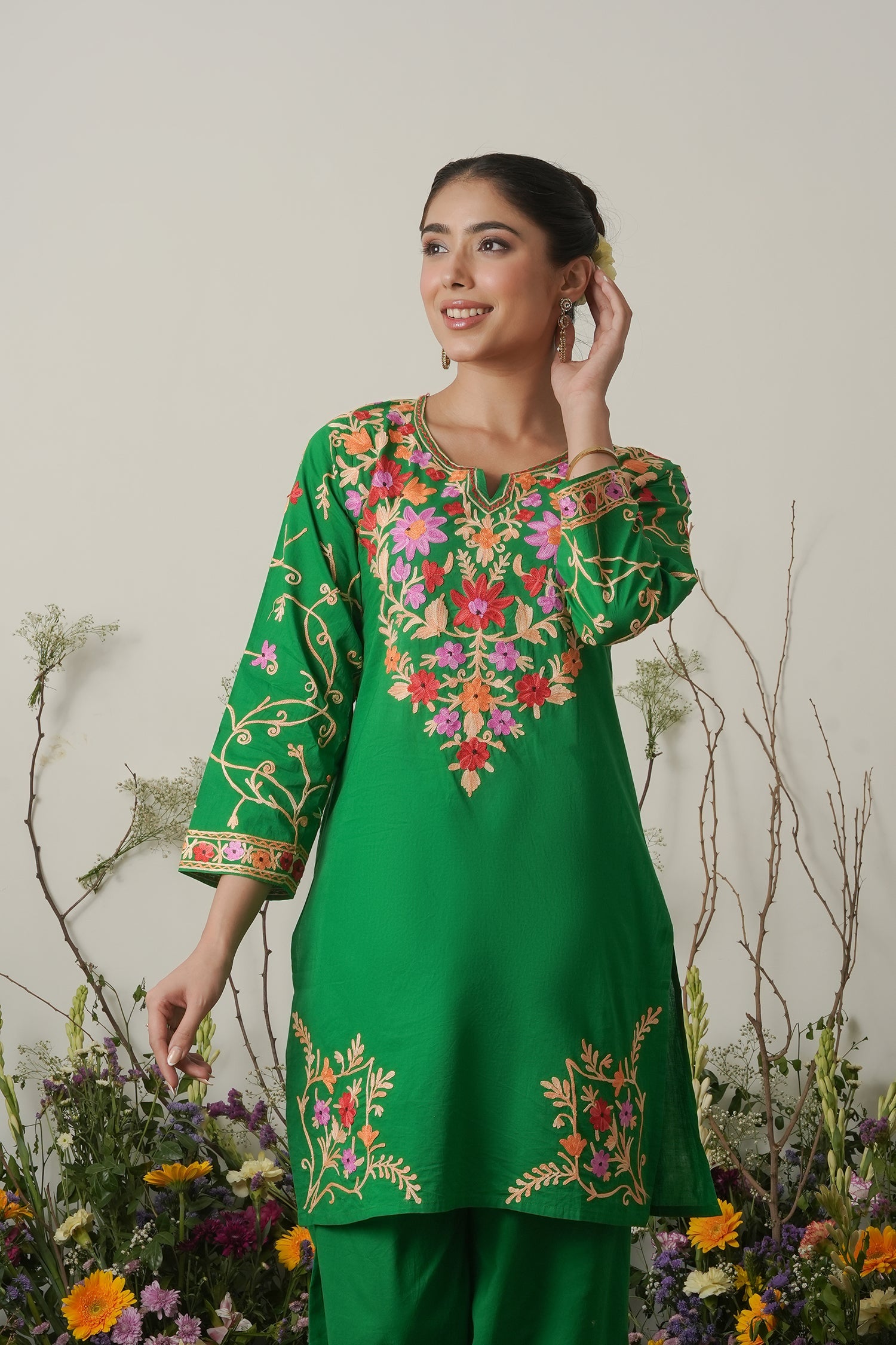 Kashmiri Aari Work Cotton Kurta with Farsi Pant - Green