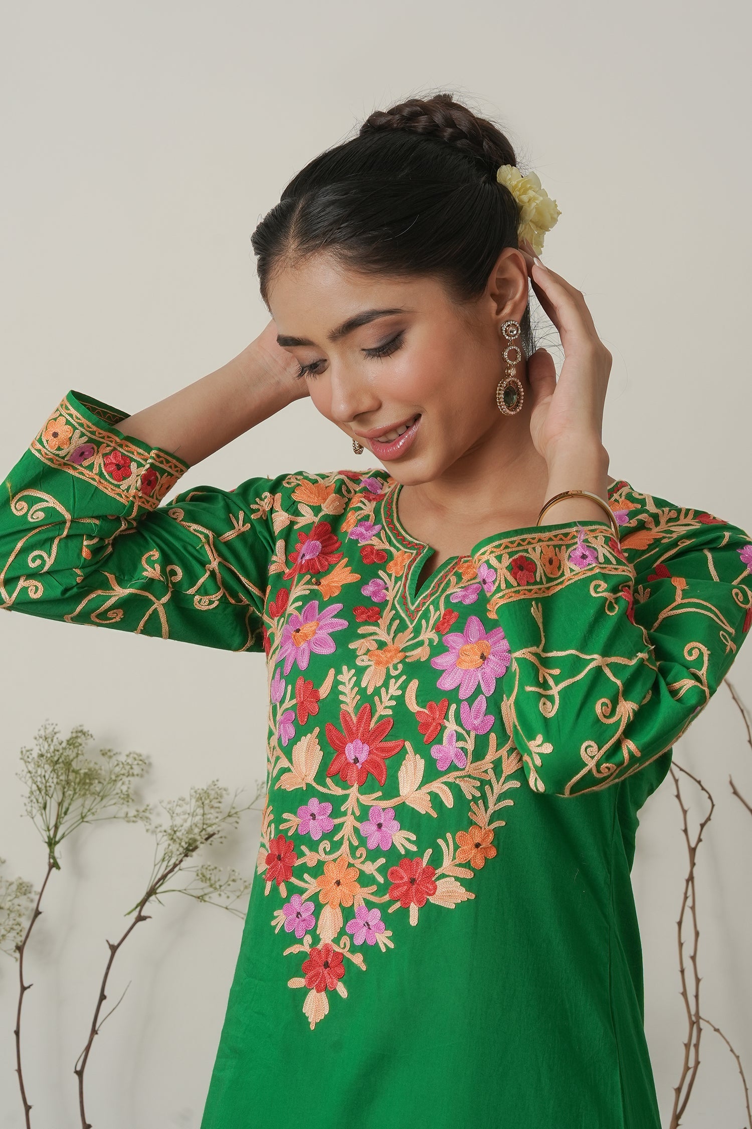 Kashmiri Aari Work Cotton Kurta with Farsi Pant - Green