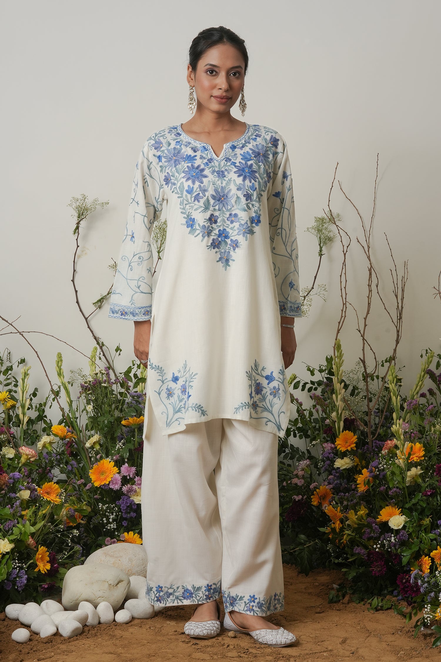 Kashmiri Aari Work Cotton Kurta with Farsi Pant - White