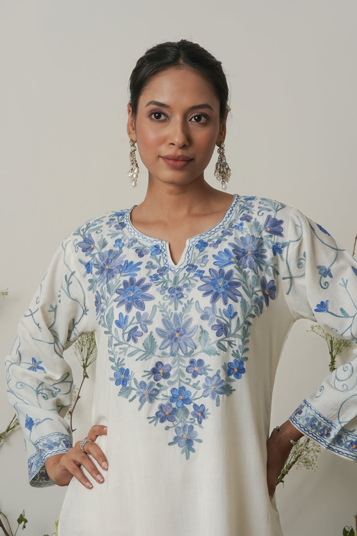 Kashmiri Aari Work Cotton Kurta with Farsi Pant - White