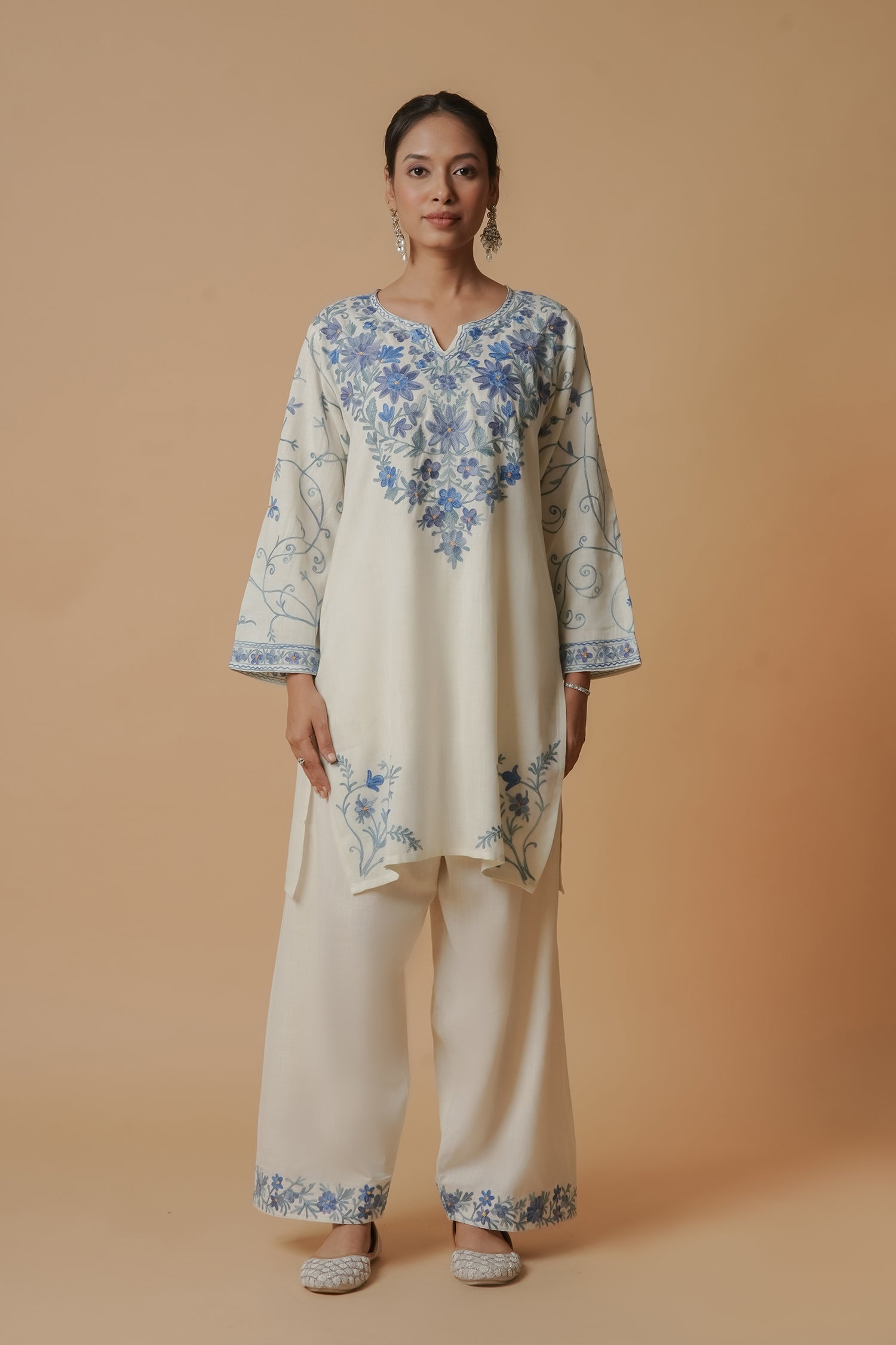 Kashmiri Aari Work Cotton Kurta with Farsi Pant - White