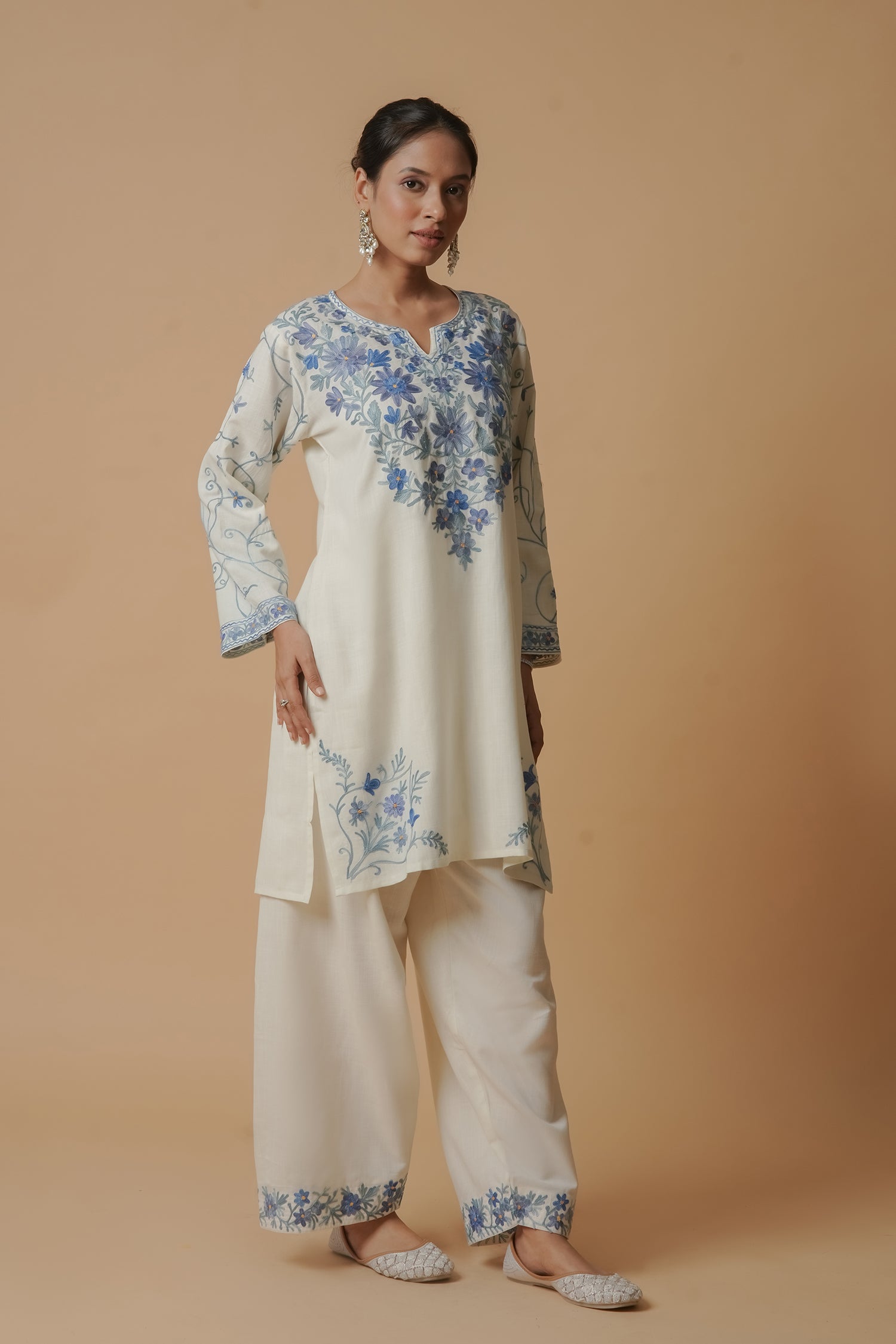 Kashmiri Aari Work Cotton Kurta with Farsi Pant - White