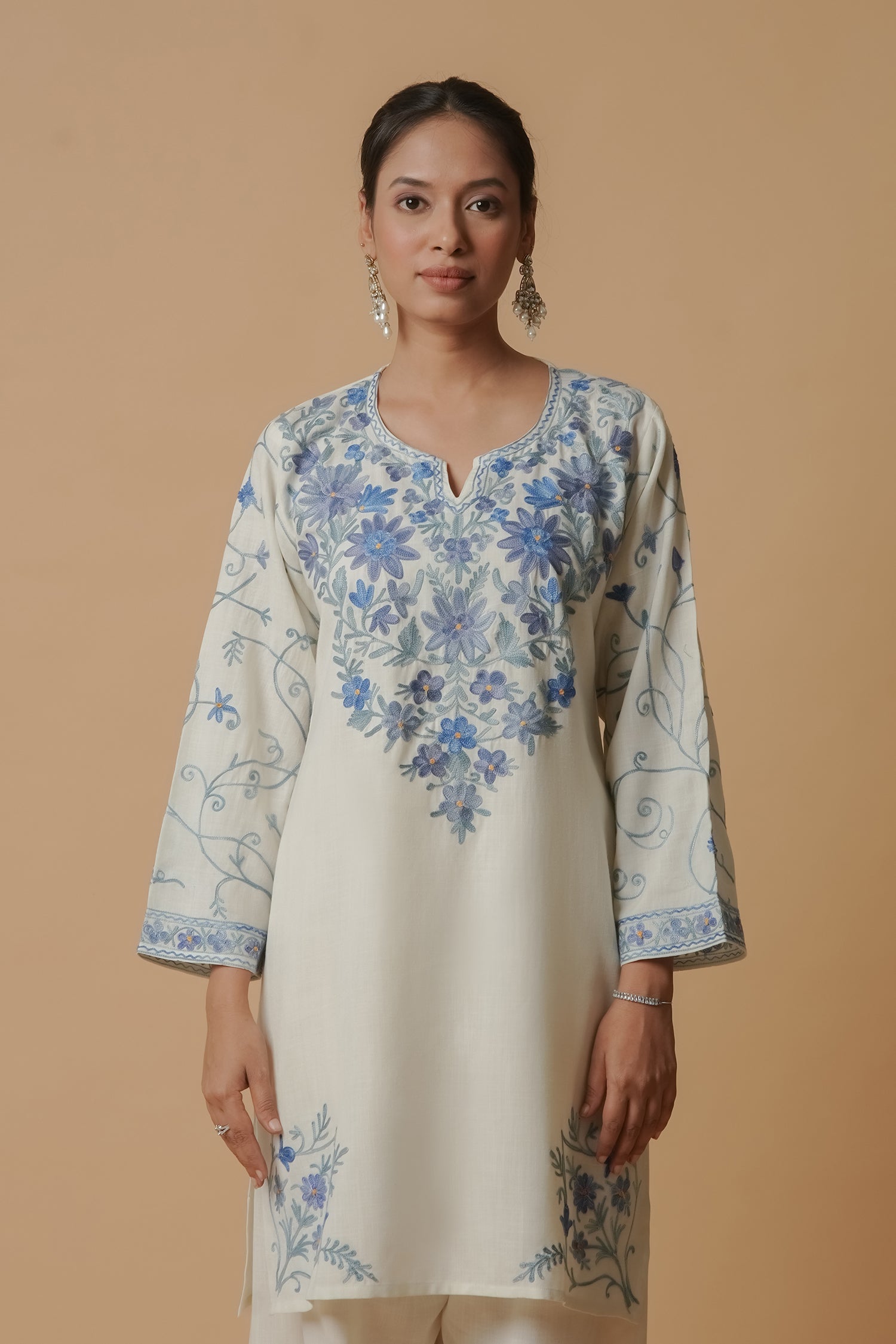 Kashmiri Aari Work Cotton Kurta with Farsi Pant - White