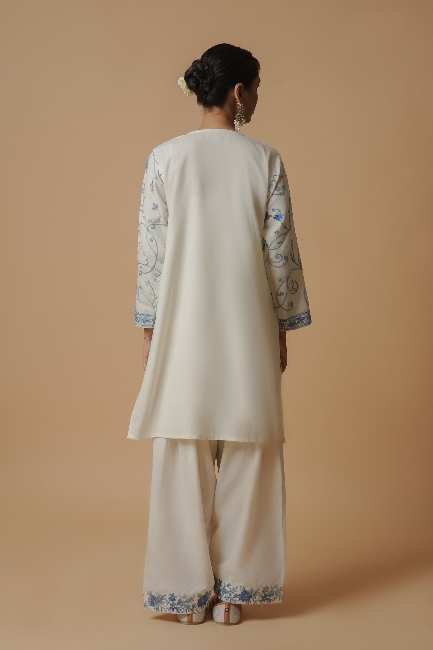 Kashmiri Aari Work Cotton Kurta with Farsi Pant - White