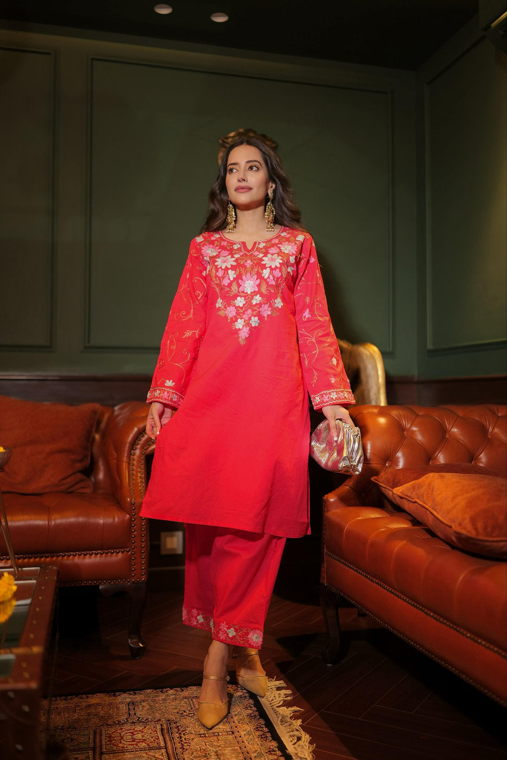 Komal X HOK Kashmiri Aari Embroidered Kurta Set with Farsi Pants - Pink