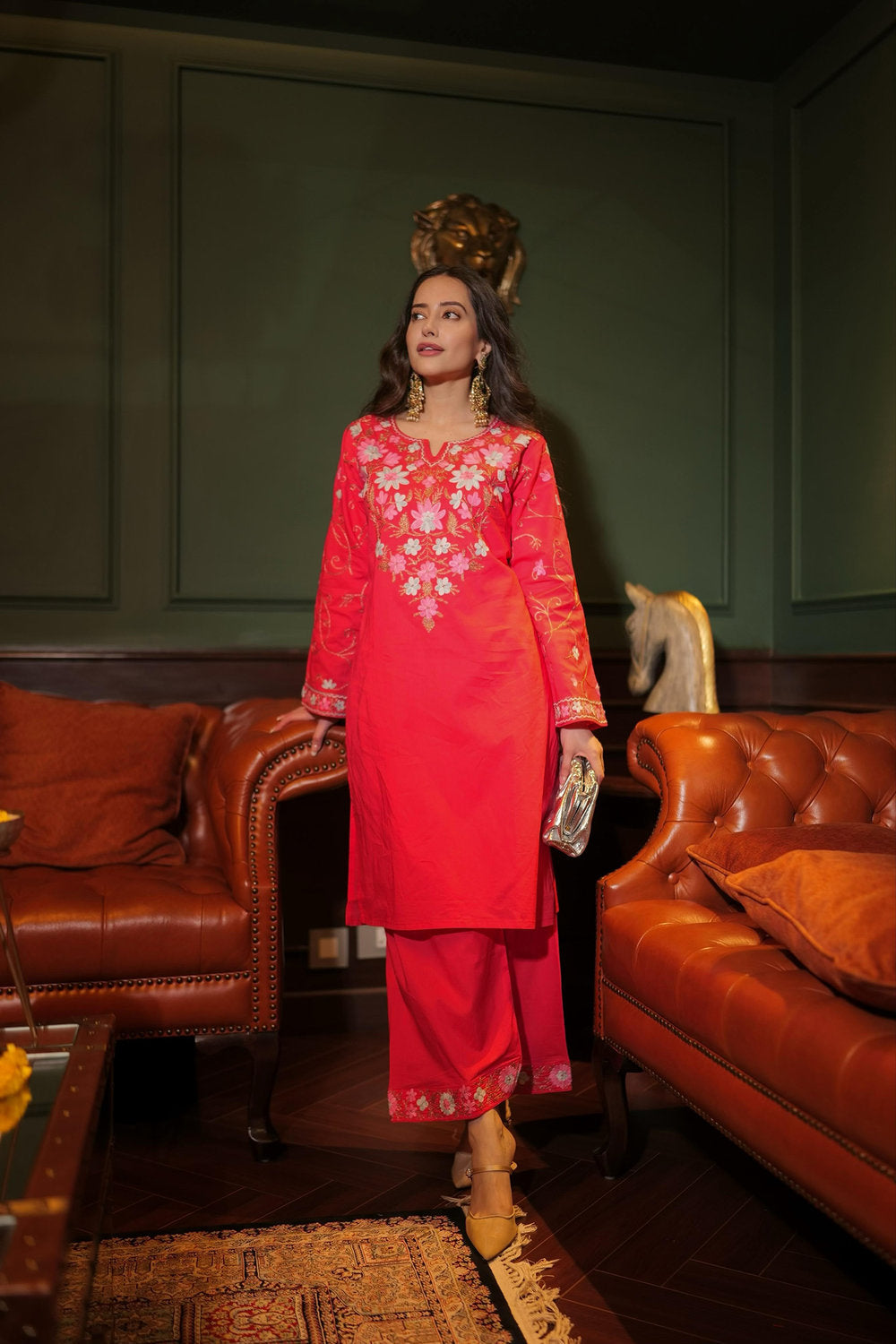 Komal X HOK Kashmiri Aari Embroidered Kurta Set with Farsi Pants - Pink