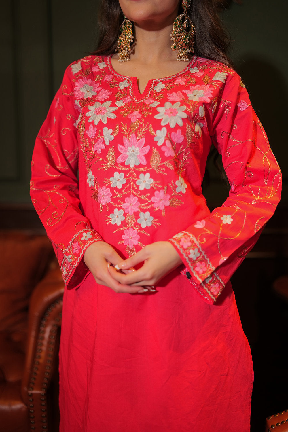 Komal X HOK Kashmiri Aari Embroidered Kurta Set with Farsi Pants - Pink