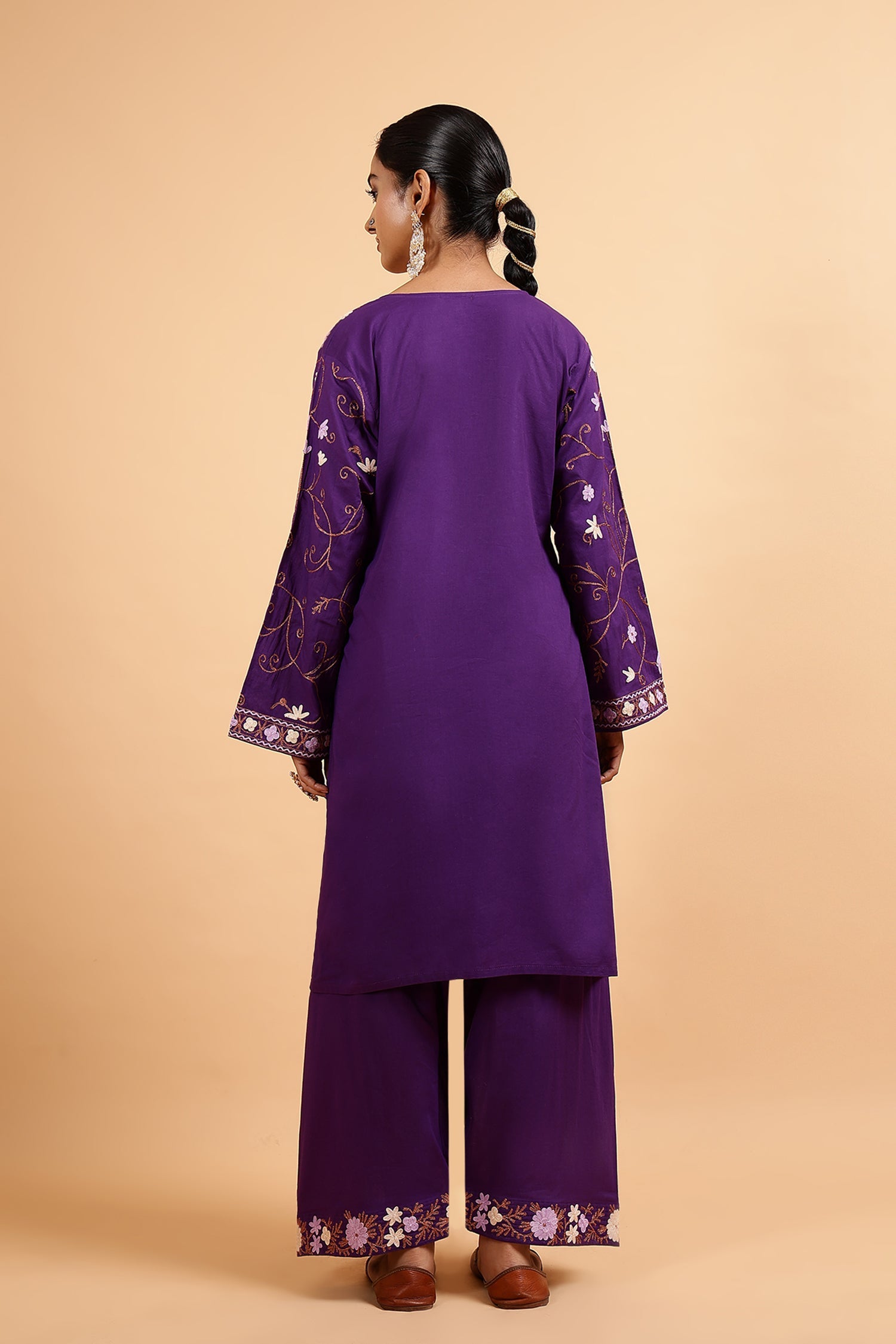 Kashmiri Aari Embroidered Kurta Set with Farsi Pants - Purple