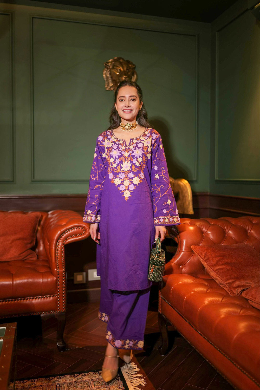 Komal X HOK Kashmiri Aari Embroidered Kurta Set with Farsi Pants - Purple