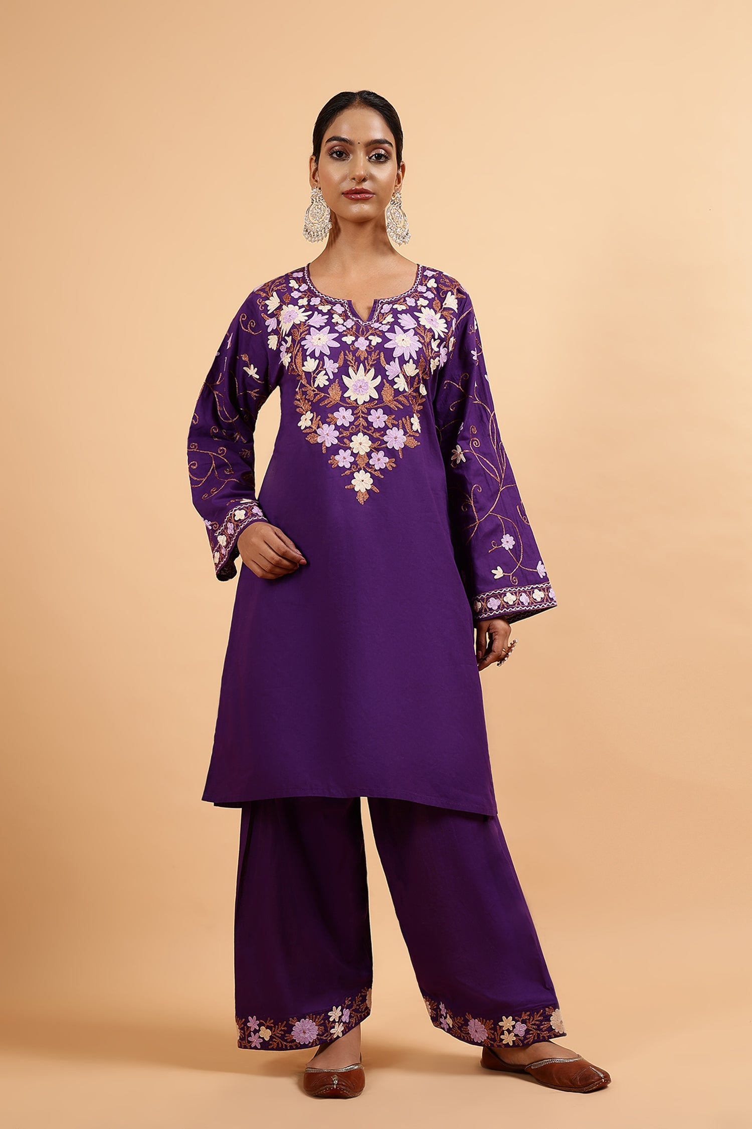Kashmiri Aari Embroidered Kurta Set with Farsi Pants - Purple