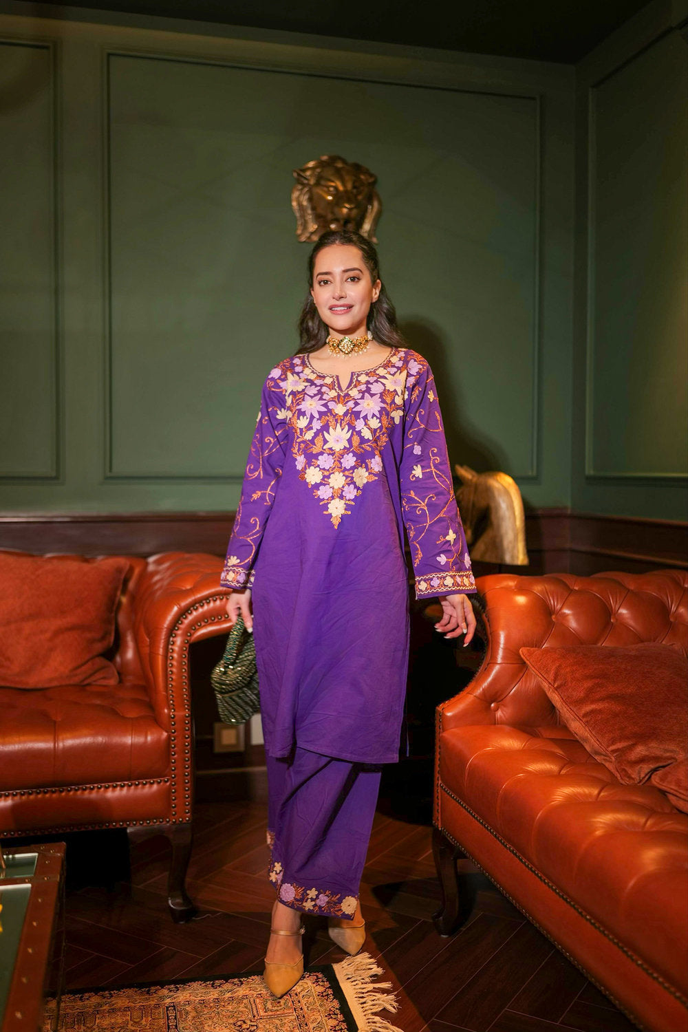 Komal X HOK Kashmiri Aari Embroidered Kurta Set with Farsi Pants - Purple