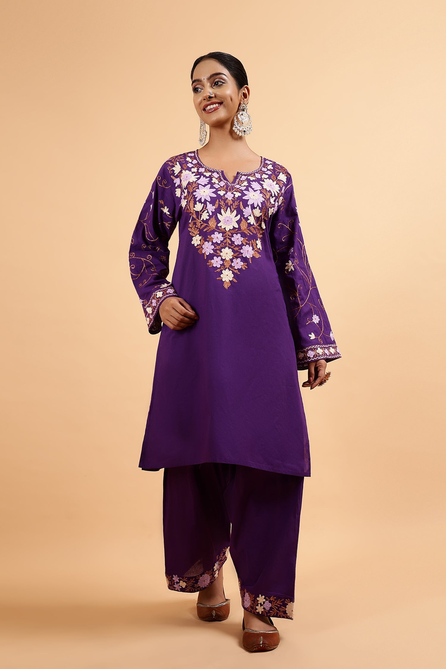 Kashmiri Aari Embroidered Kurta Set with Farsi Pants - Purple