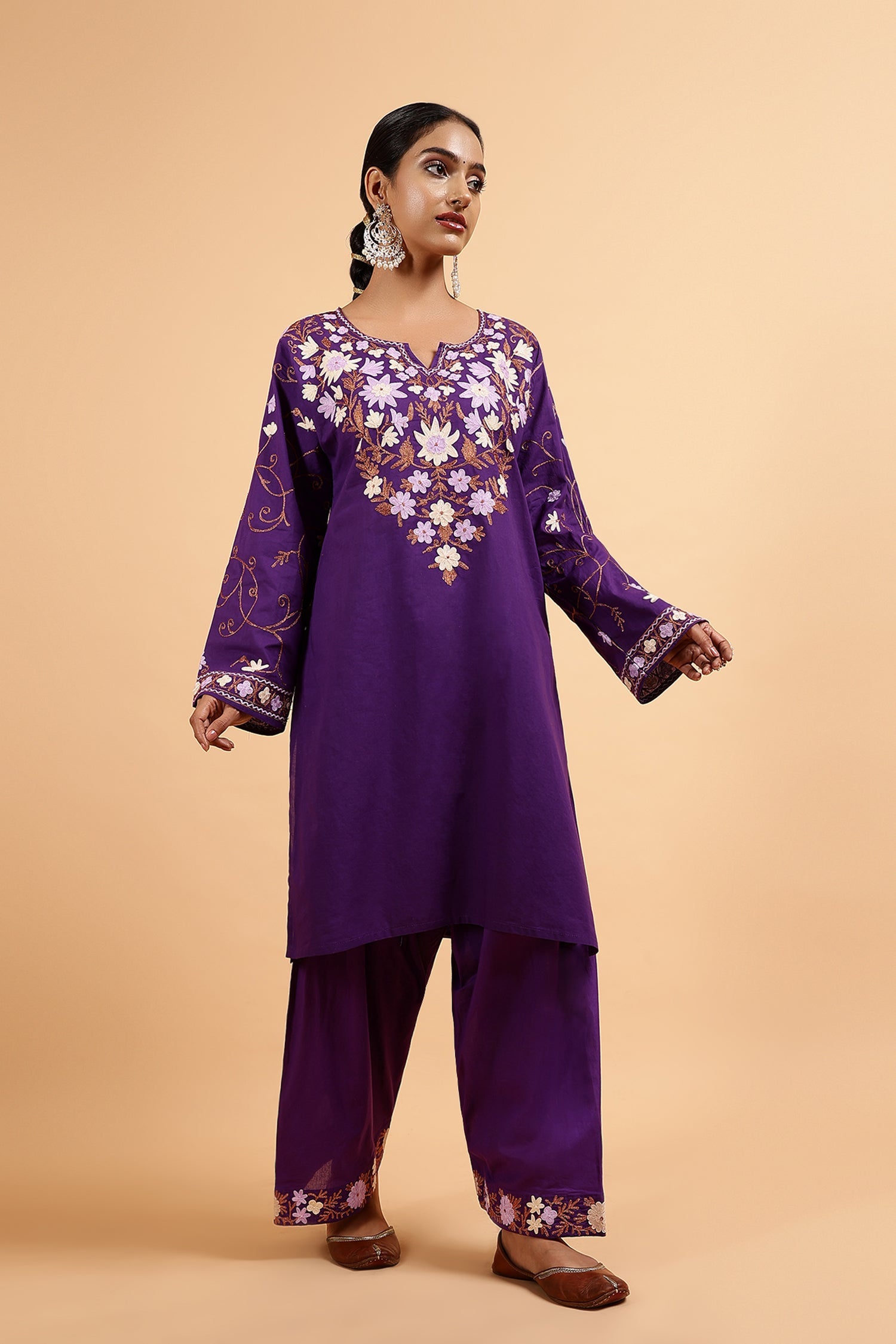 Kashmiri Aari Embroidered Kurta Set with Farsi Pants - Purple