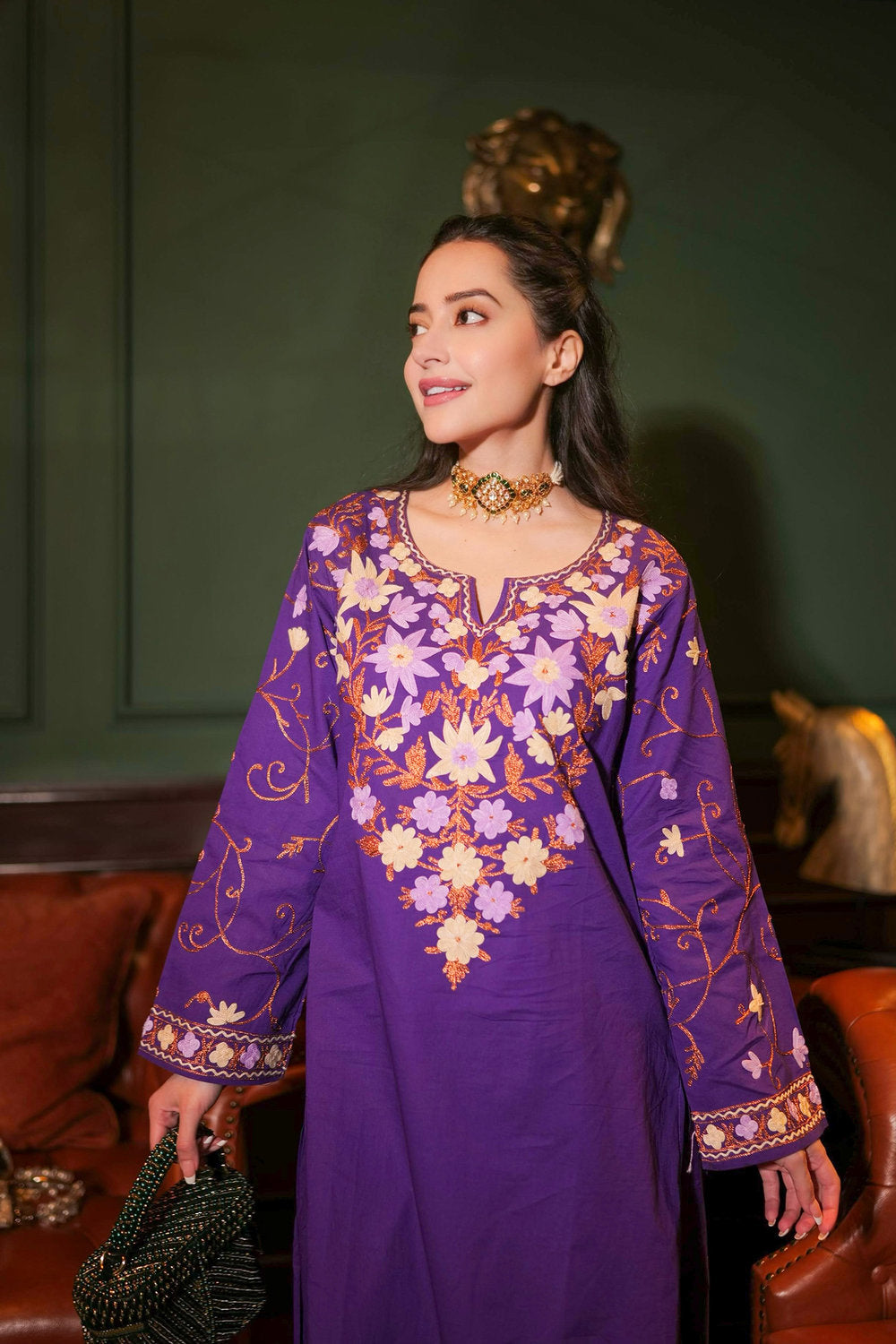 Komal X HOK Kashmiri Aari Embroidered Kurta Set with Farsi Pants - Purple