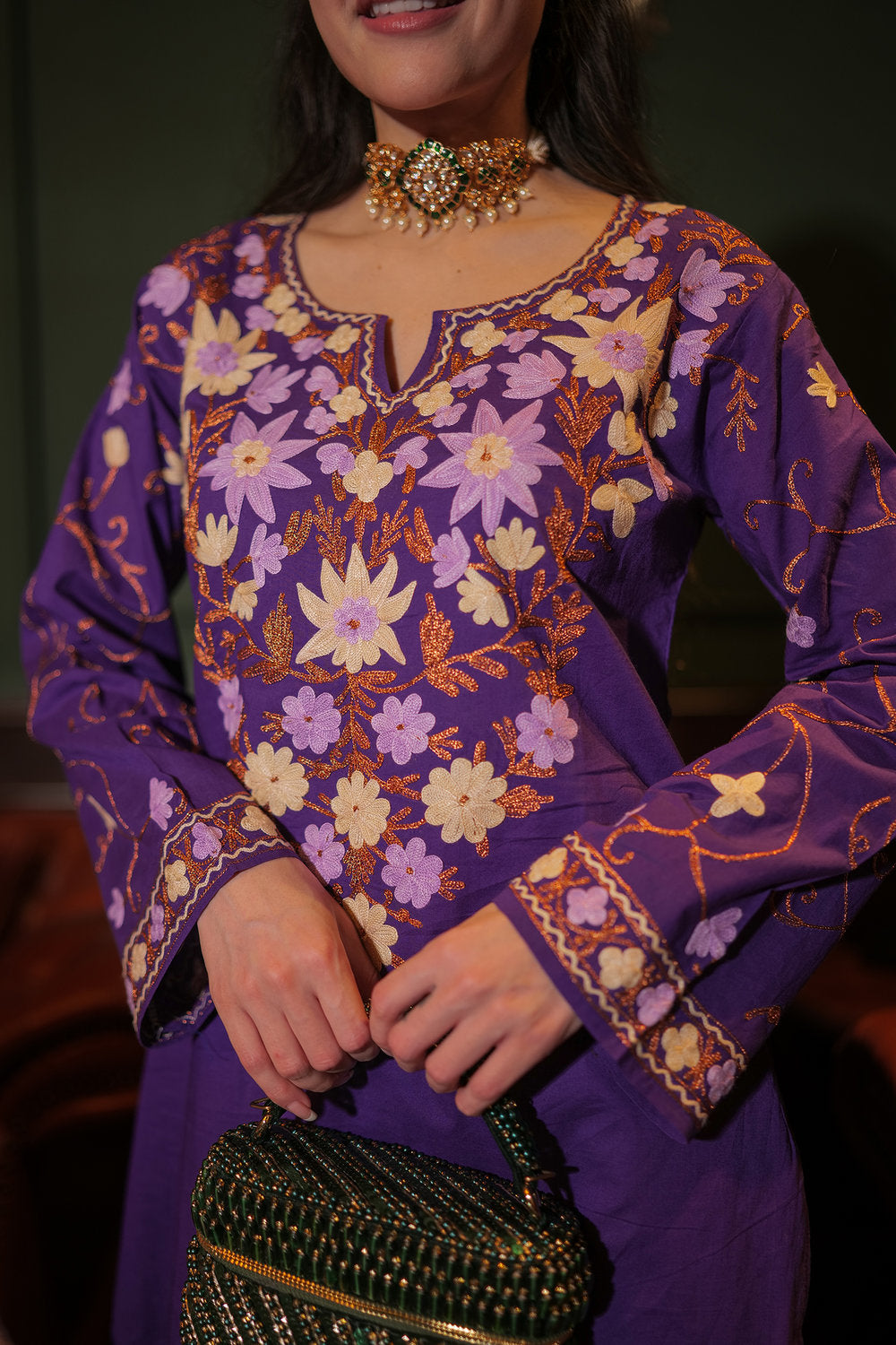 Komal X HOK Kashmiri Aari Embroidered Kurta Set with Farsi Pants - Purple