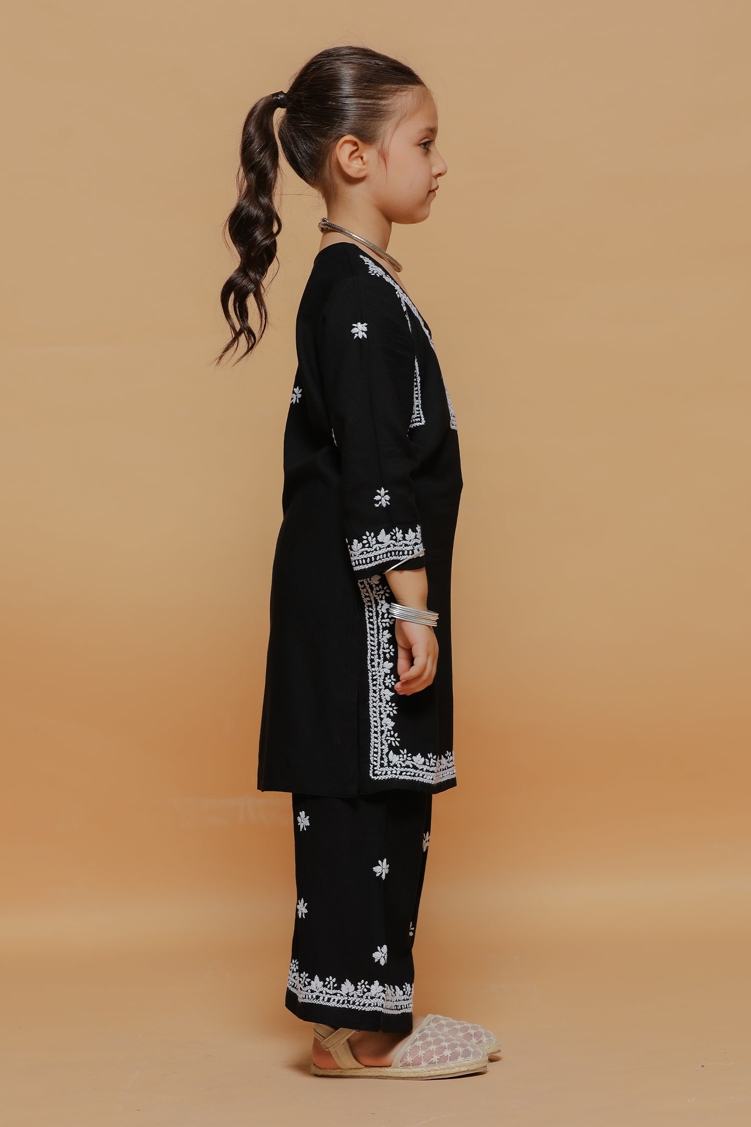 Kids Black Hand-Embroidered Chikankari Rayon Kurta Set