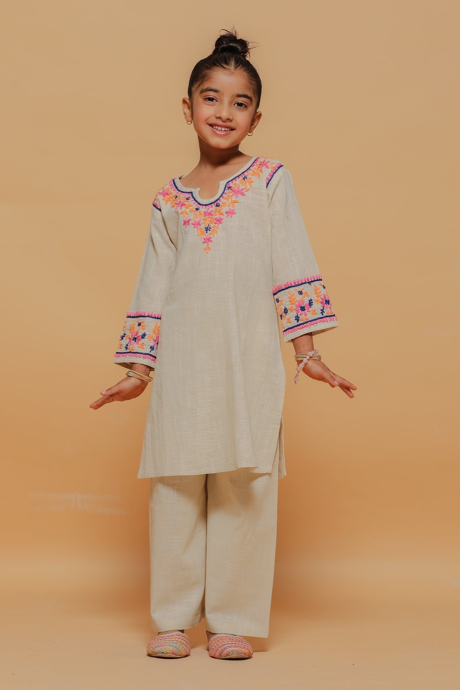 Kids Beige Hand-Embroidered Chikankari Slub Cotton Kurta Set