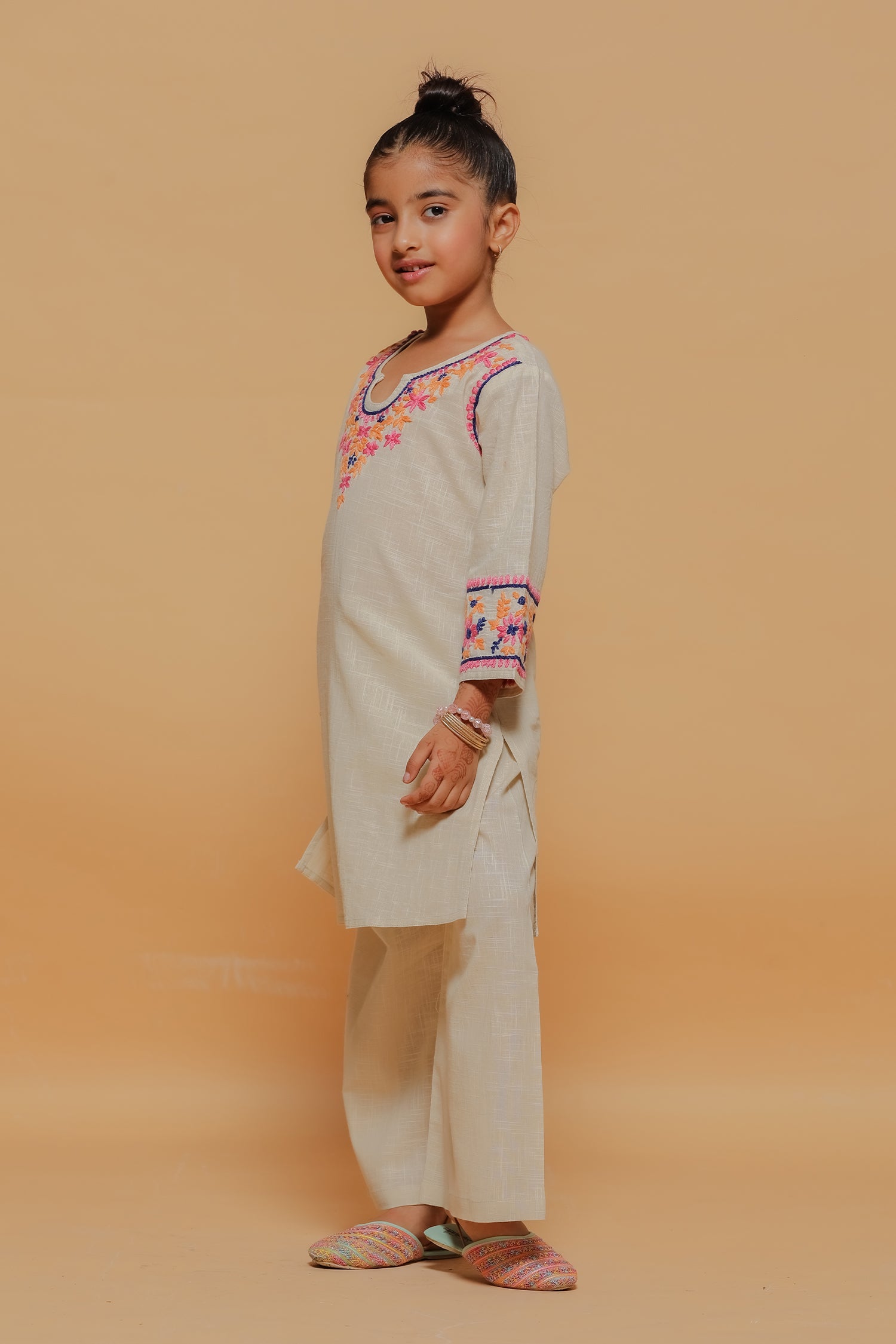 Kids Beige Hand-Embroidered Chikankari Slub Cotton Kurta Set