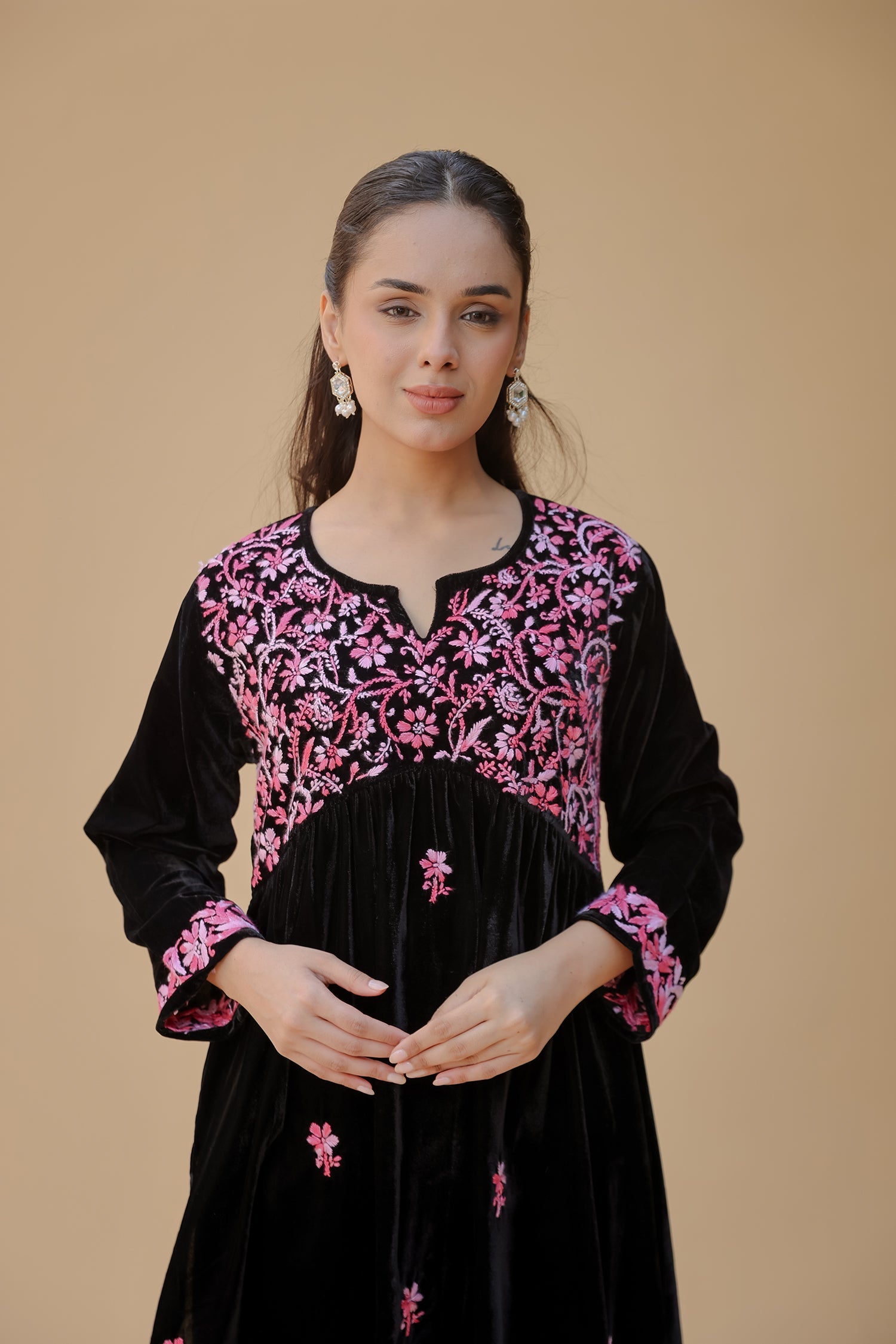 Velvet Chikankari Long Kurti – Blue