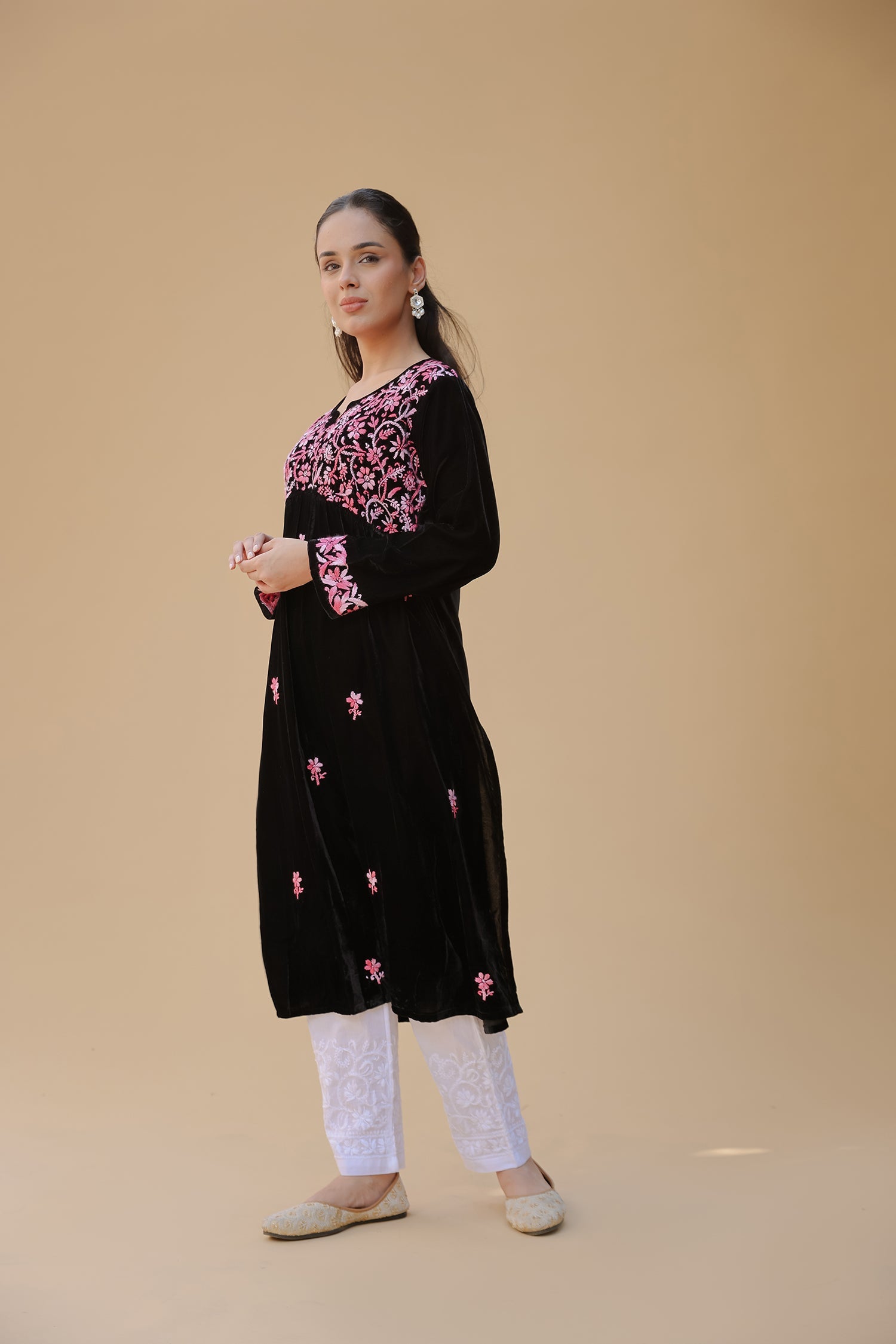 Velvet Chikankari Long Kurti – Blue