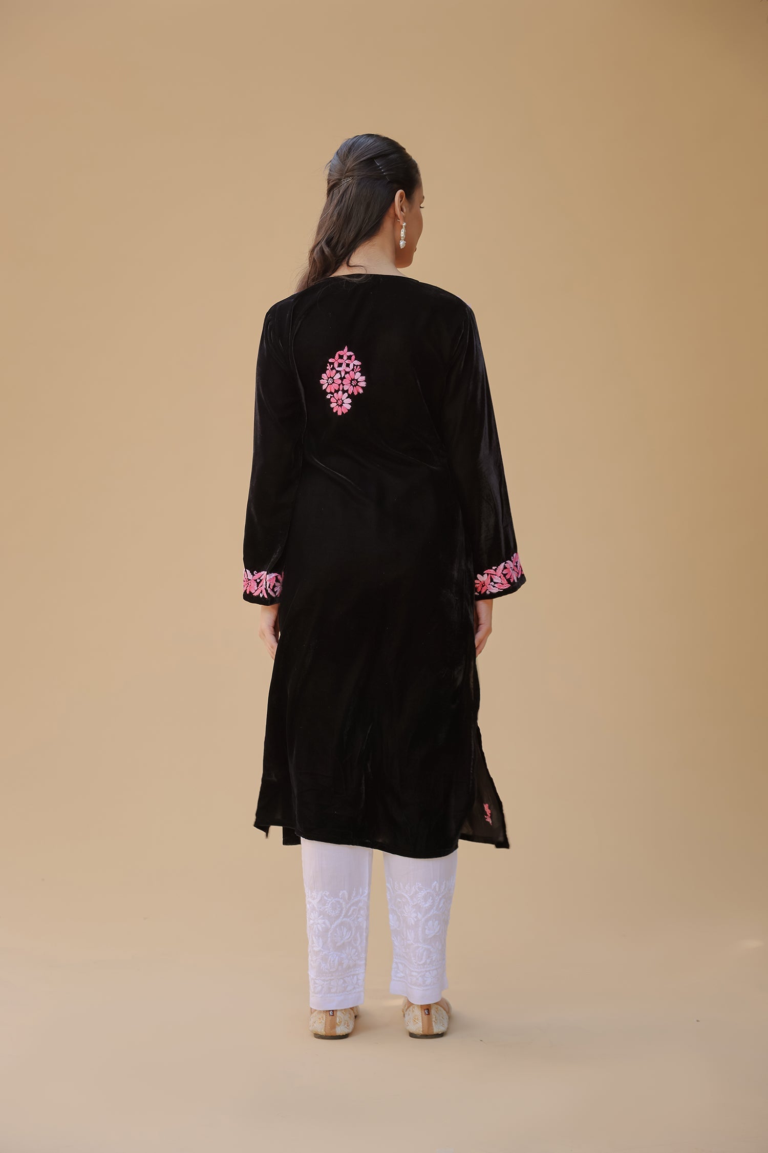 Velvet Chikankari Long Kurti – Blue