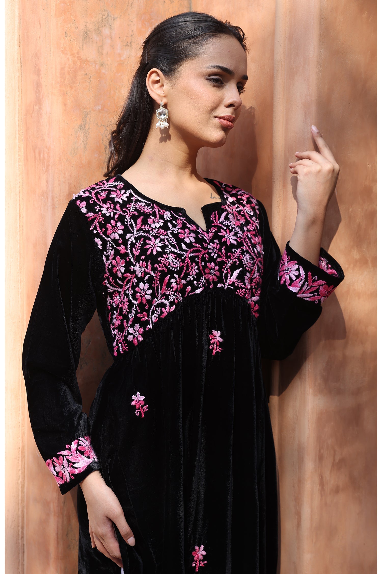 Velvet Chikankari Long Kurti – Blue